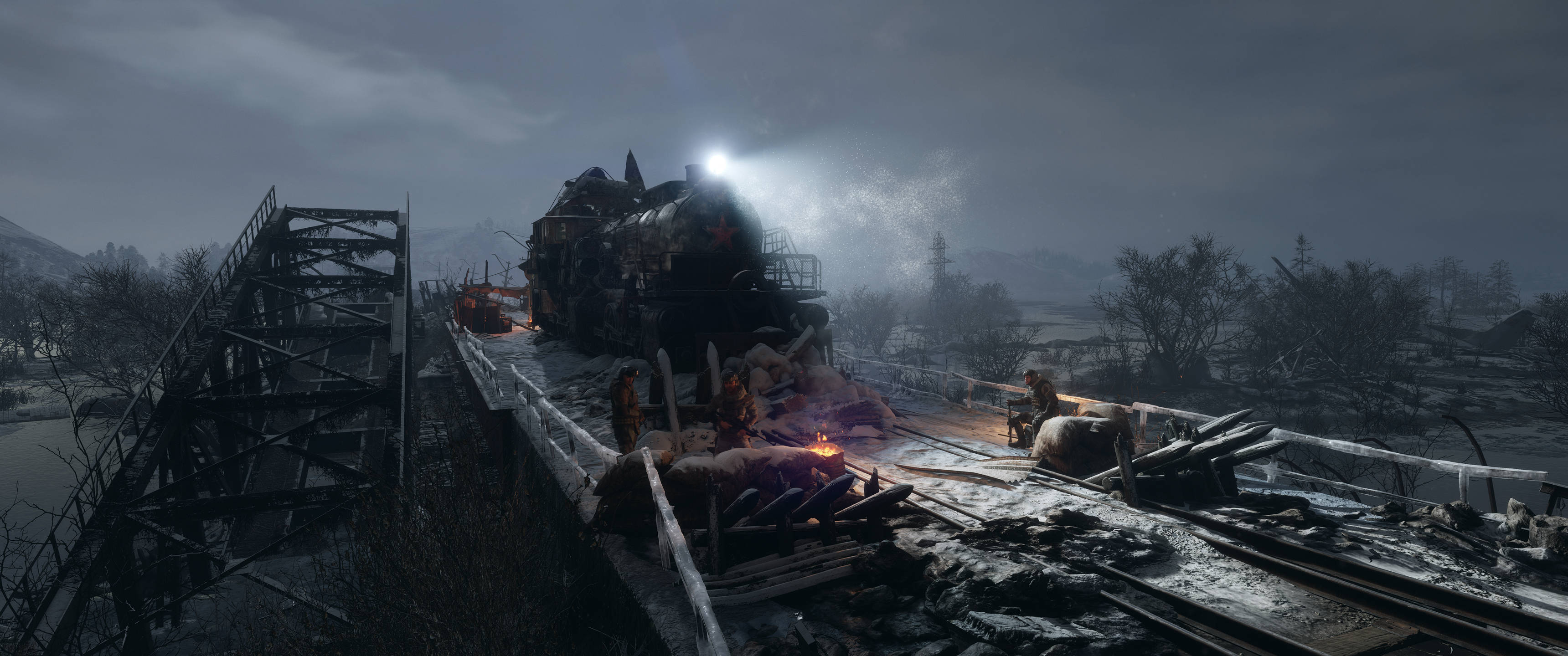 Metro Exodus, wreaked bridge, snow-covered train wreck, 2K Desktop Wallpaper