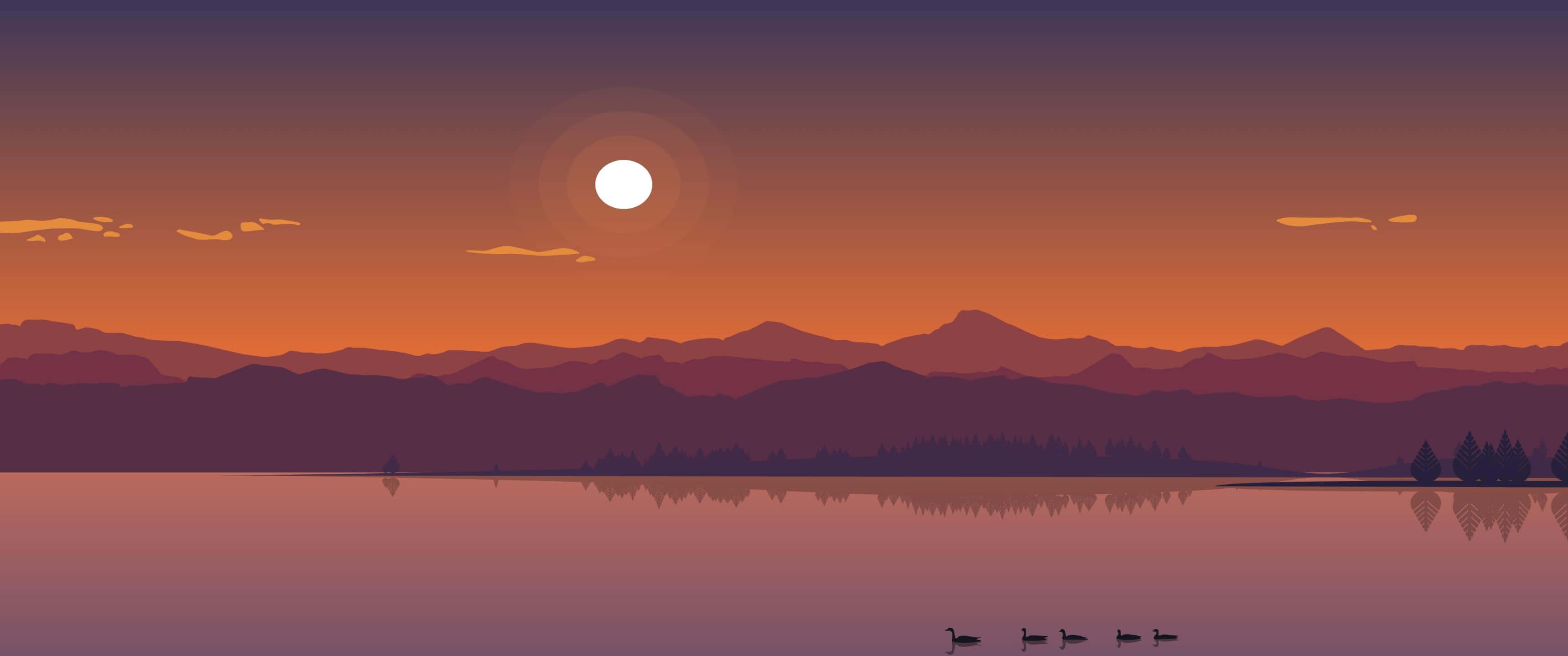 3440x1440 minimal, sunset, calm lake, 2K Desktop Wallpaper