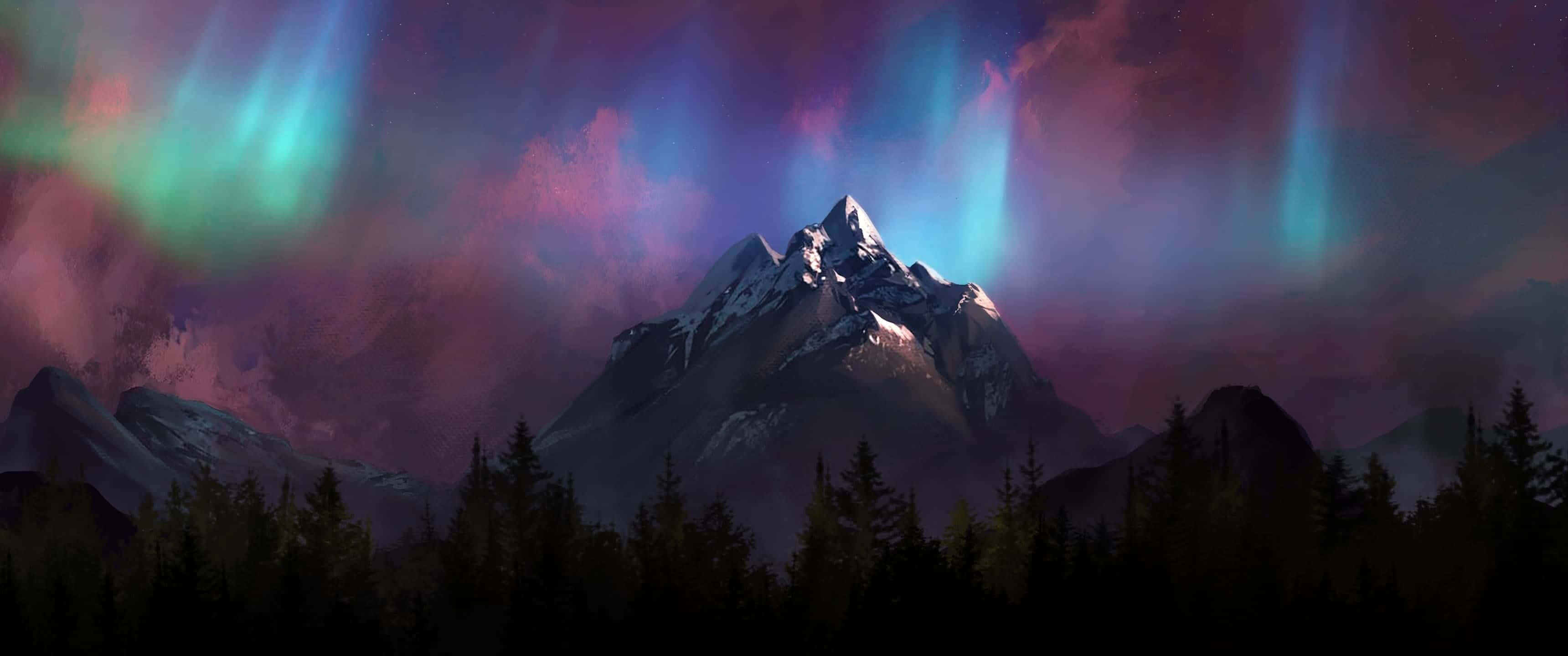 3440x1440, aurora borealis, snowcapped mountain peak, 2K Desktop Wallpaper