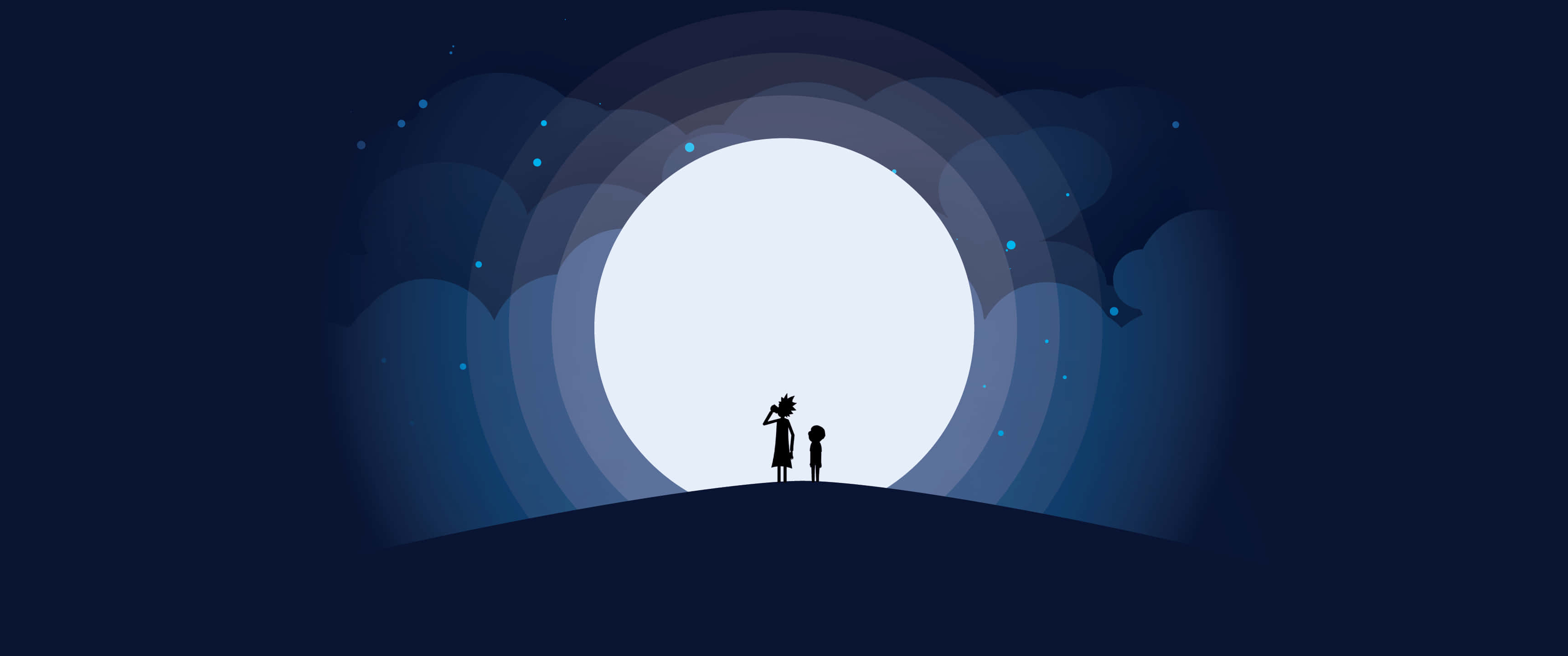 3440x1440 minimal, glowing moon, concentric blue rings, 2K Desktop Wallpaper