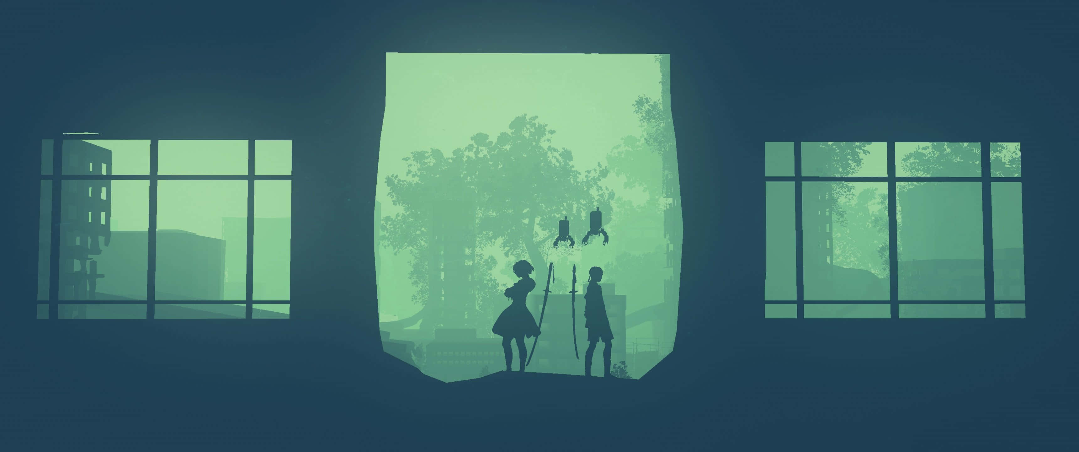 3440x1440, minimalistic, glowing green doorway, 2K Desktop Wallpaper