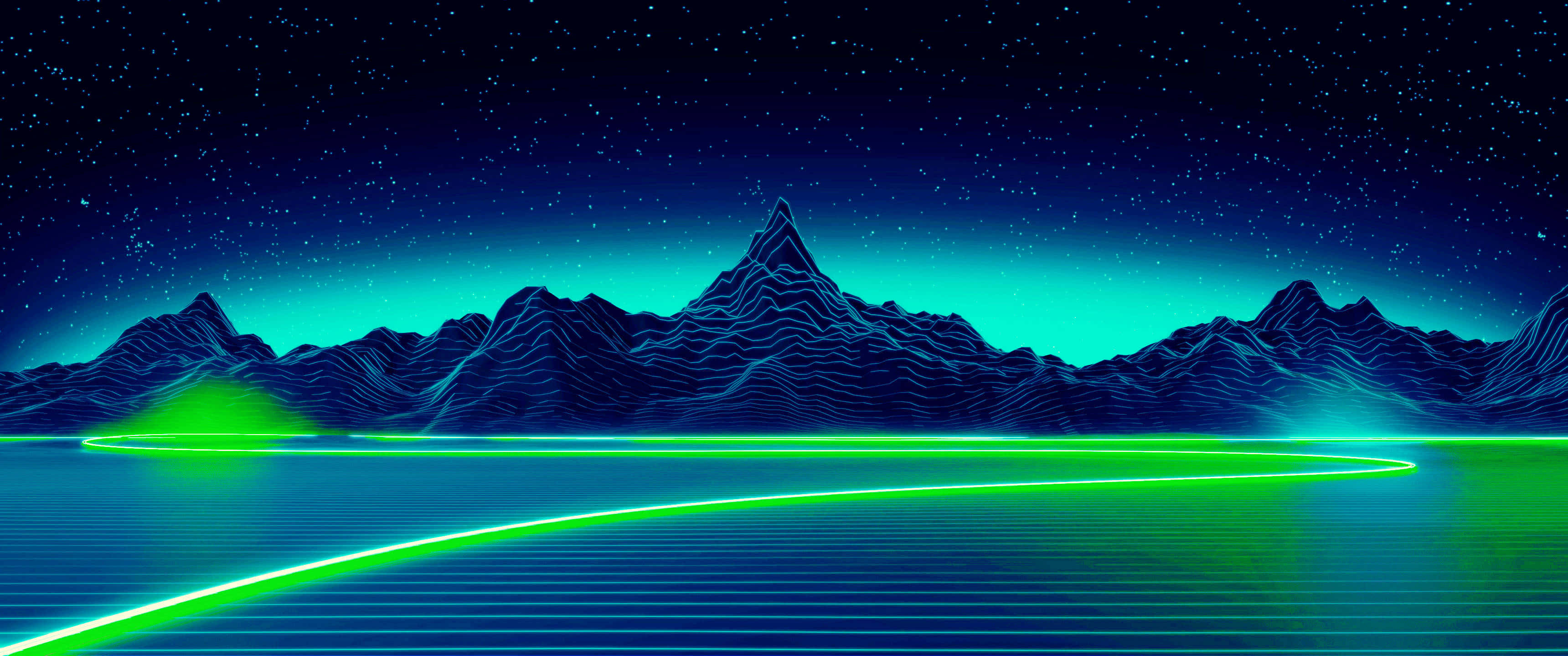 3440x1440, neon green glowing lines, digital lake, 2K Desktop Wallpaper