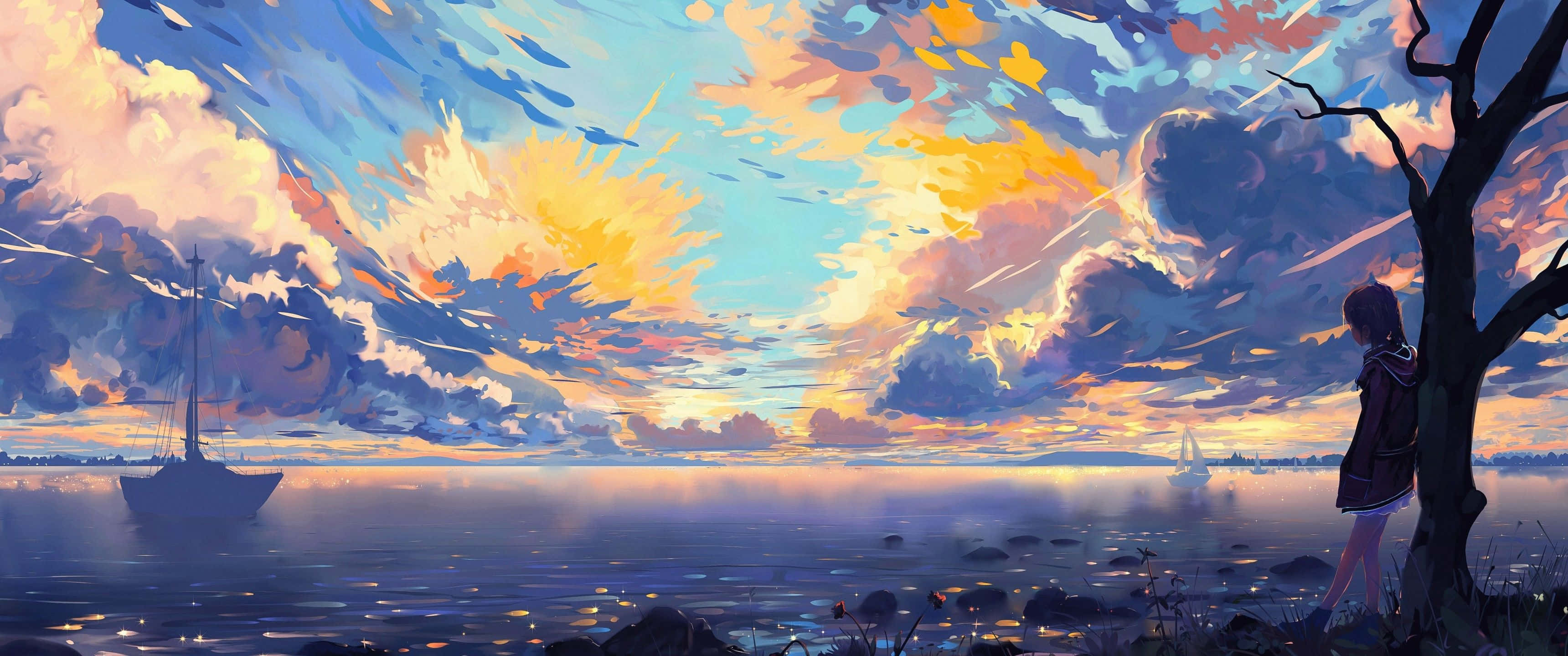3440x1440 minimal, sailboat, vibrant sunset sky, 2K Desktop Wallpaper