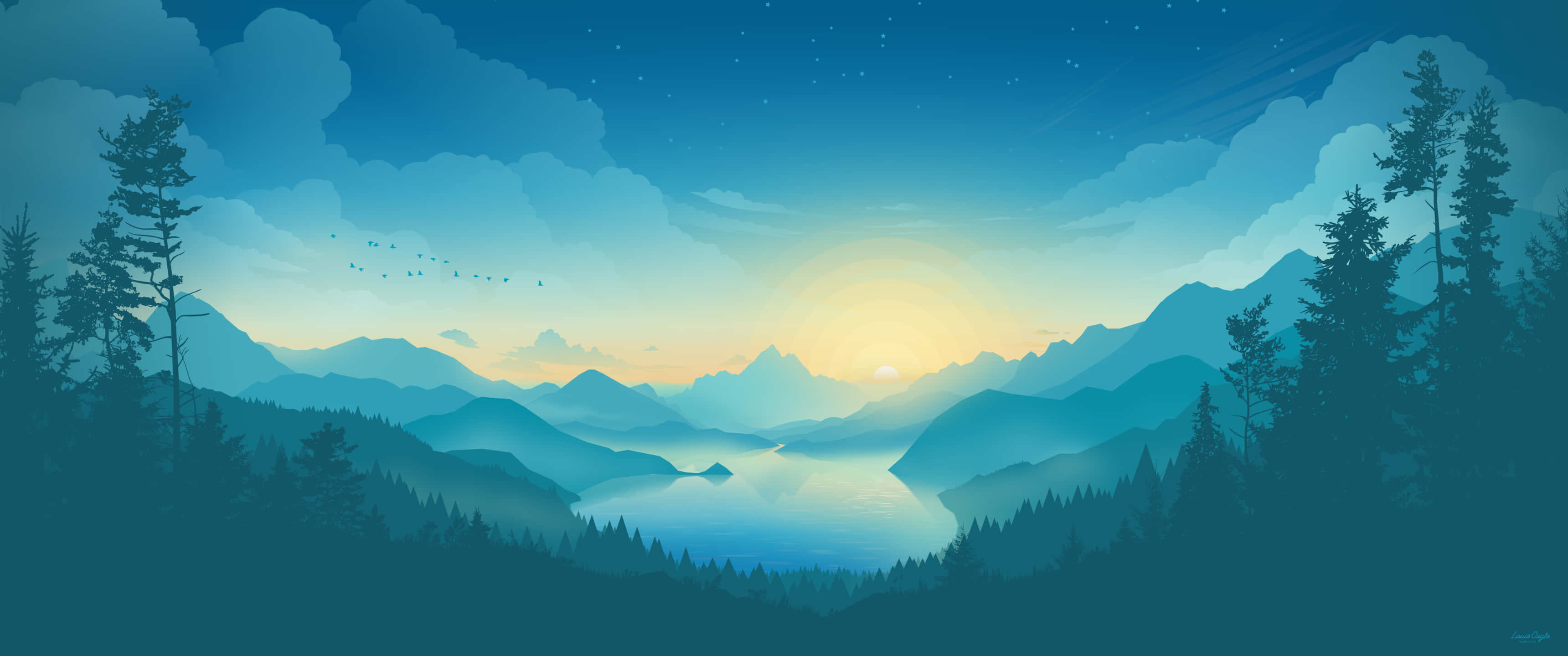 3440x1440 minimal, twilight mountain lake, pine trees, 2K Desktop Wallpaper