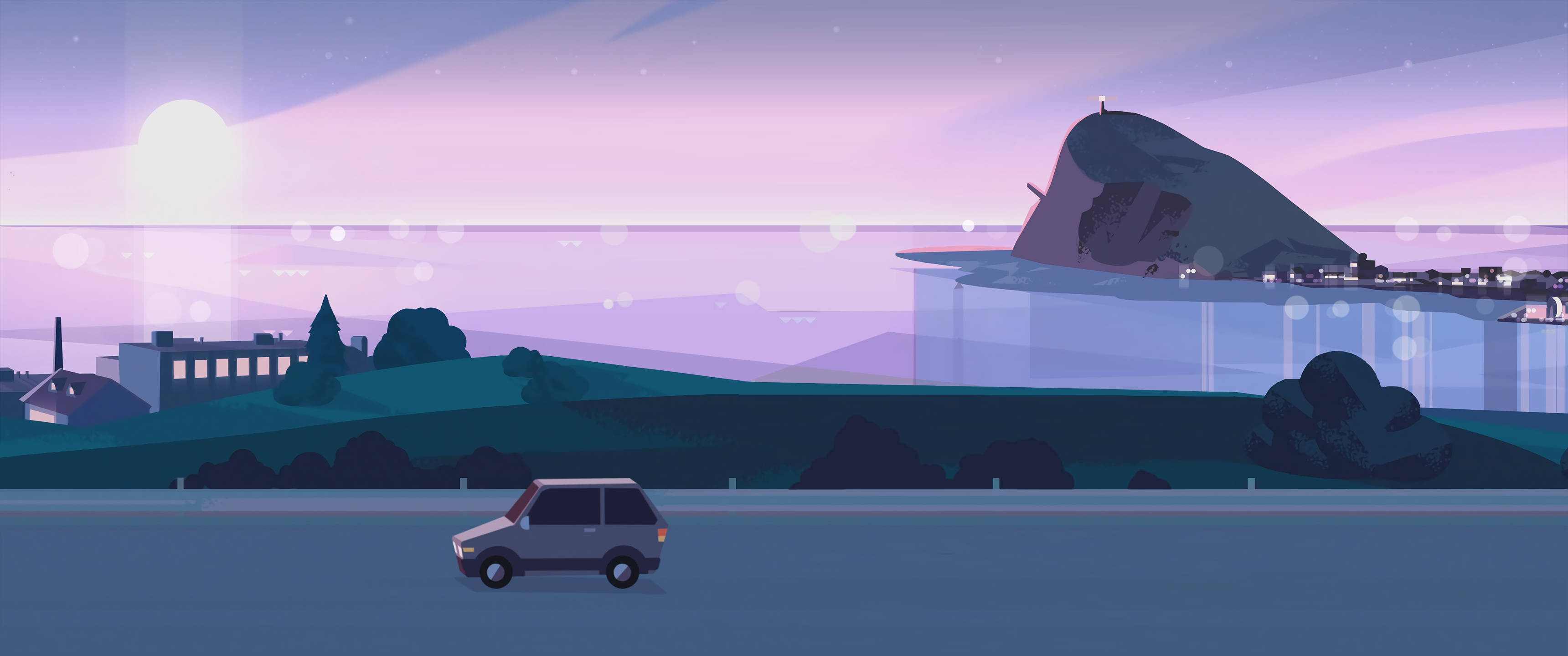 3440x1440, minimalist, glowing purple sunset, 2K Desktop Wallpaper