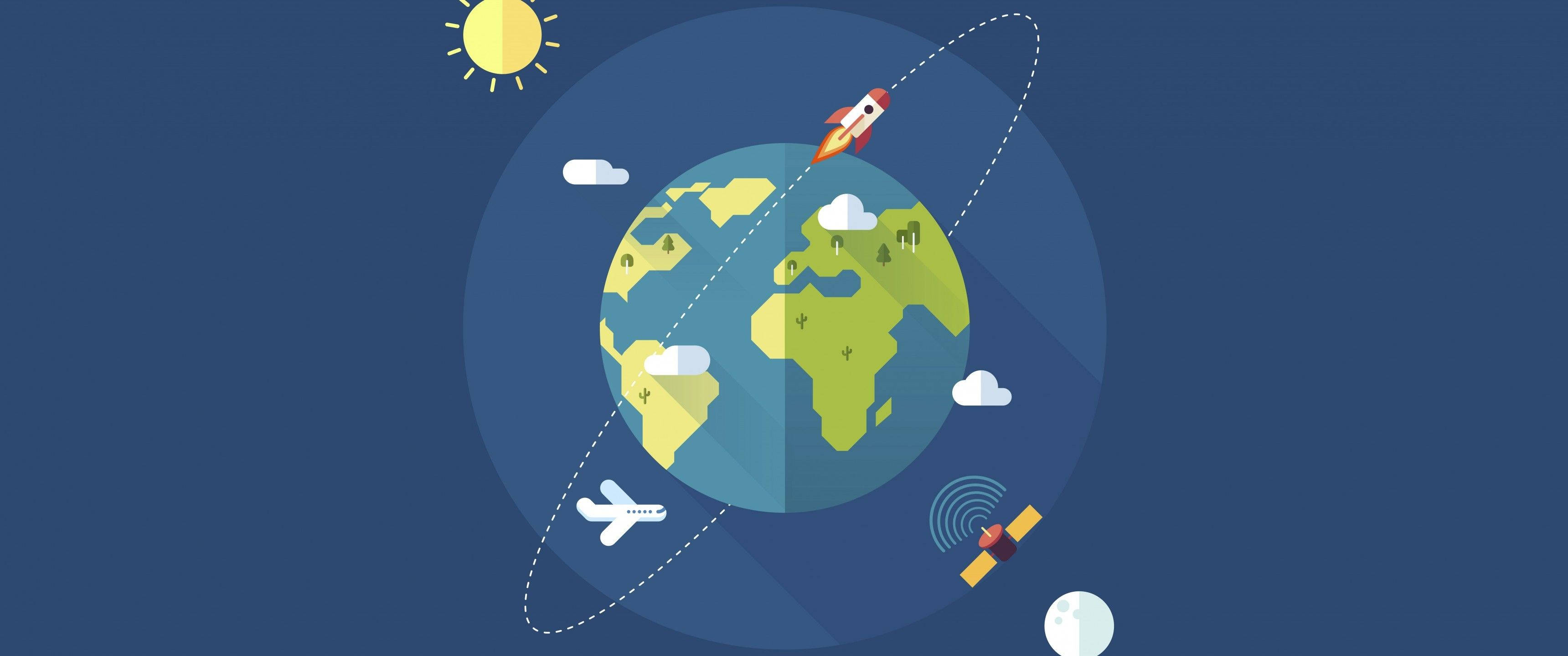 3440x1440 minimalist, Earth orbit, rocket airplane, 2K Desktop Wallpaper
