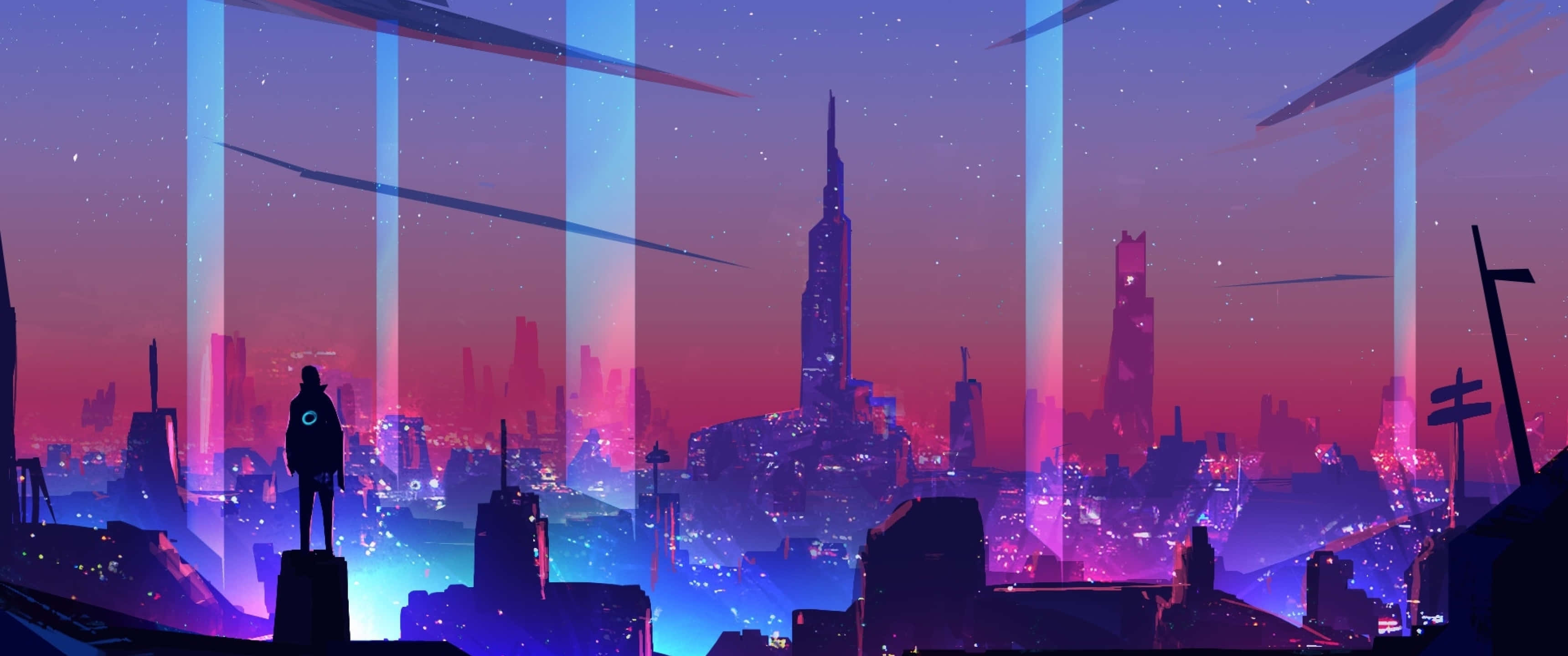 3440x1440 neon, neon-drenched futuristic cityscape, twilight sky, 2K Desktop Wallpaper