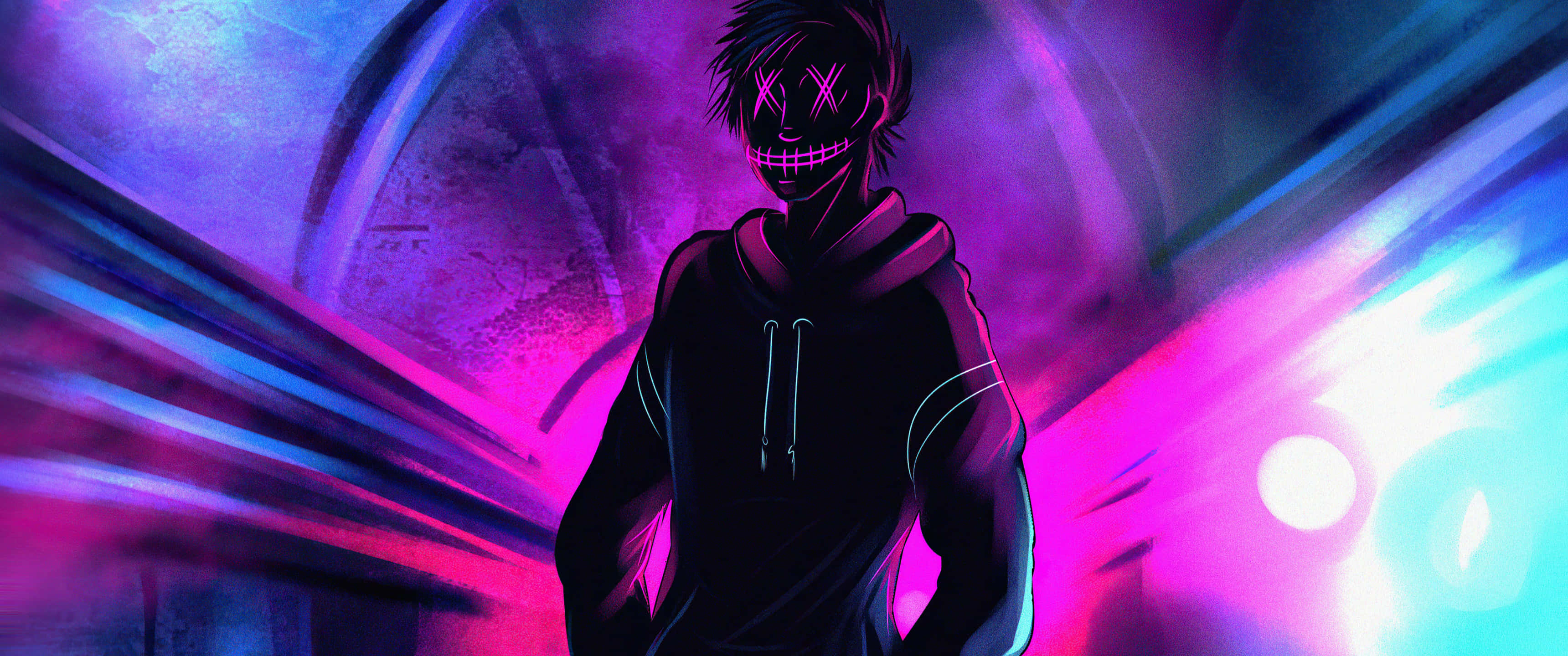 3440x1440 neon, neon-lit tunnel, vibrant purple, 2K Desktop Wallpaper