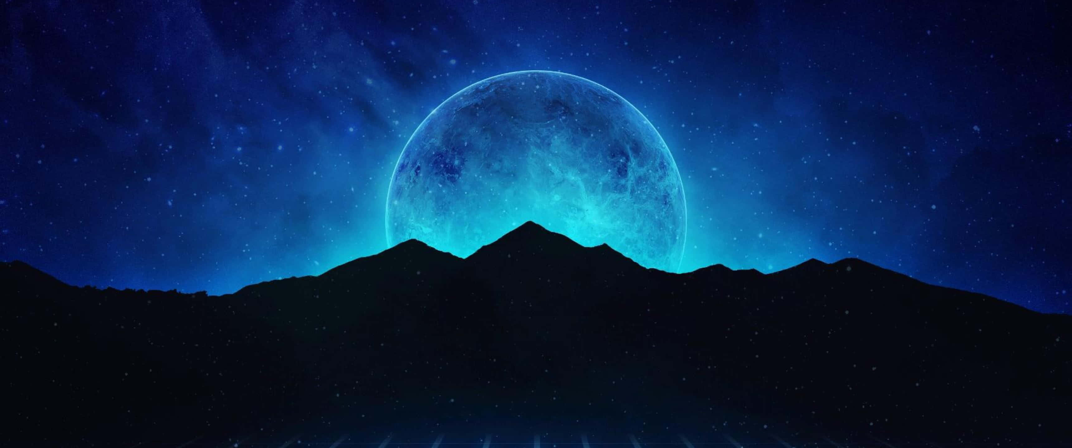 3440x1440 neon, glowing blue moon, dark mountain silhouettes, 2K Desktop Wallpaper