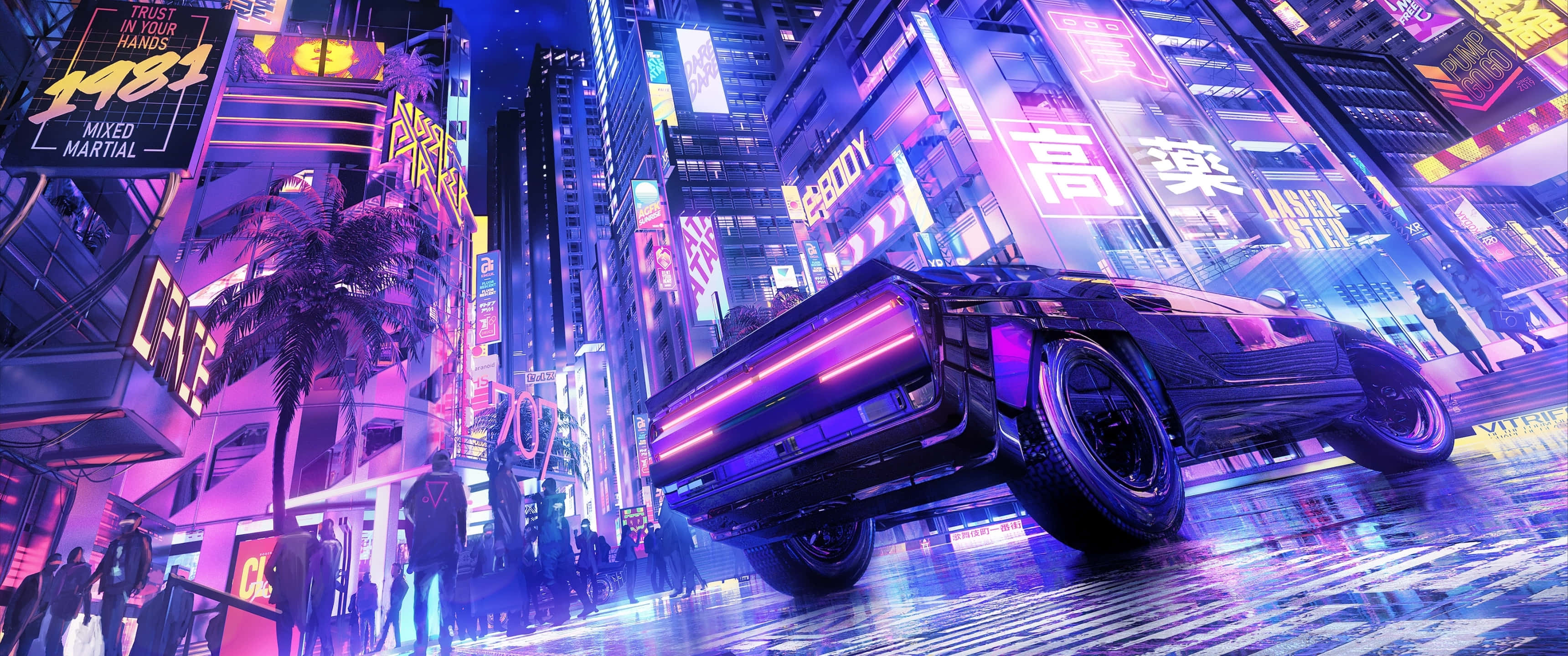 3440x1440 neon, neon-drenched cyberpunk cityscape, sleek black sports car, 2K Desktop Wallpaper