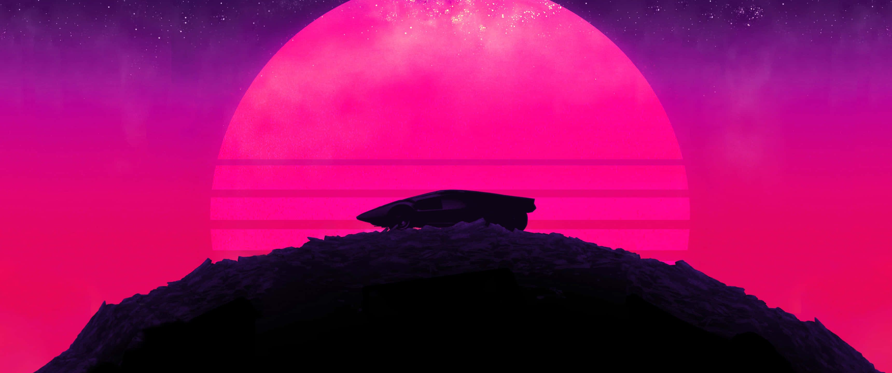 3440x1440 neon, pink and purple sky, mountain, 2K Desktop Wallpaper