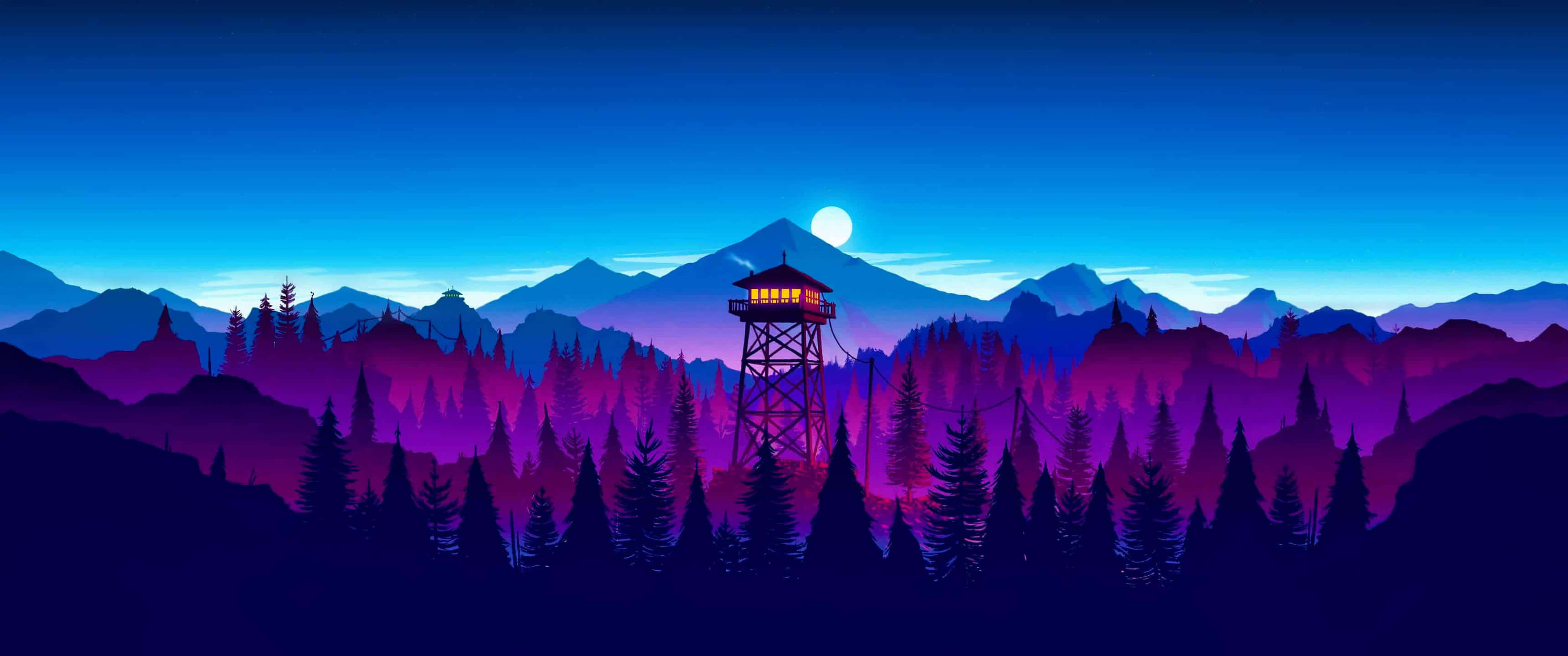 3440x1440, neon, glowing fire lookout tower, 2K Desktop Wallpaper