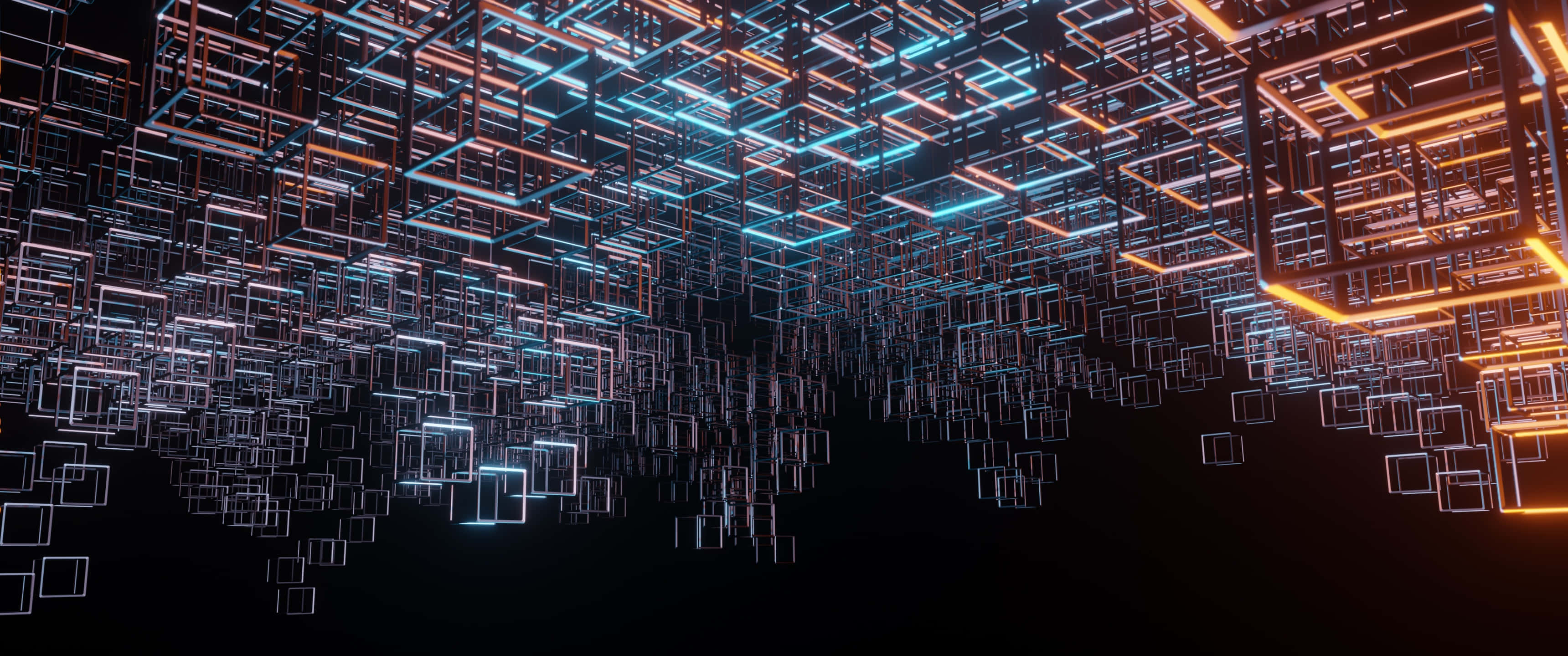 Neon Green and Blue, 3440x1440, glowing blue and orange neon cubes, 2K Desktop Wallpaper