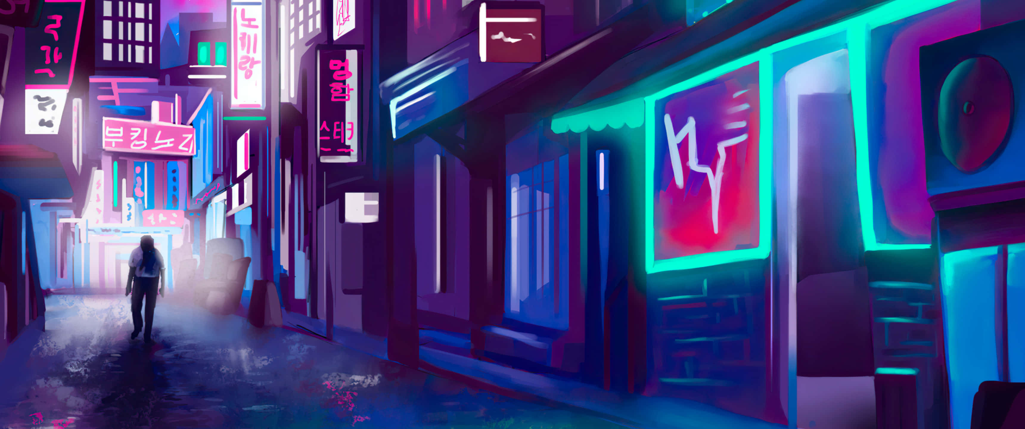 neon-drenched cyberpunk alleyway, vibrant pink blue and purple signs, wet pavement, 2K Desktop Wallpaper