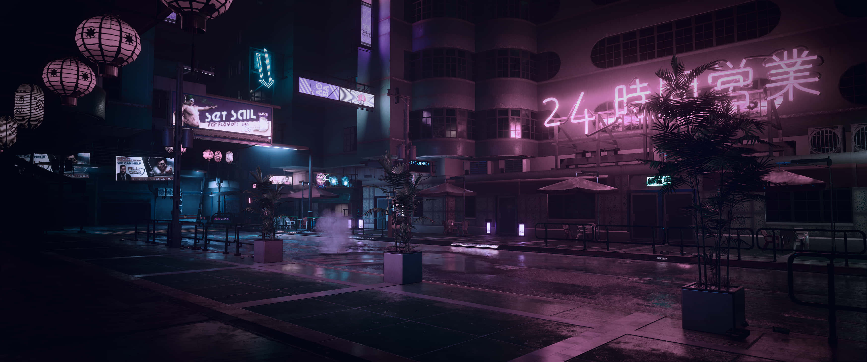 neon-lit urban street, glowing signs, wet pavement, 2K Desktop Wallpaper