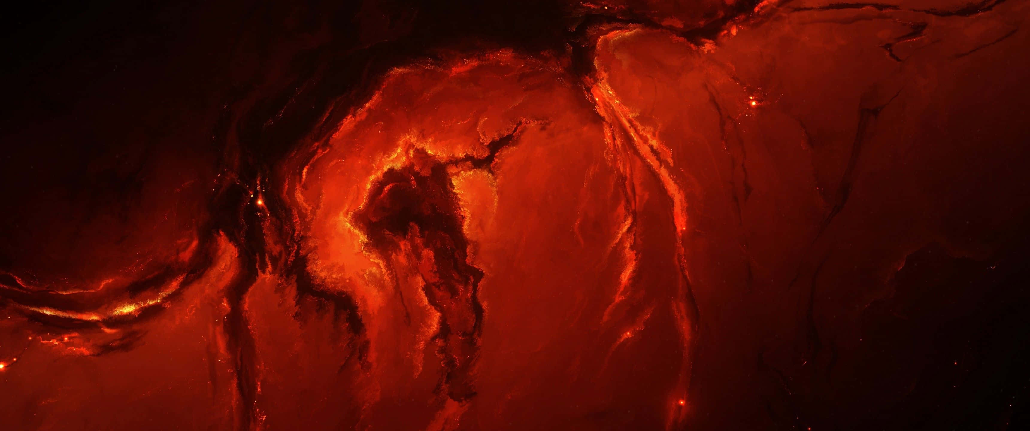 3440x1440 space, fiery abstract swirl, molten red and orange glowing lava, 2K Desktop Wallpaper