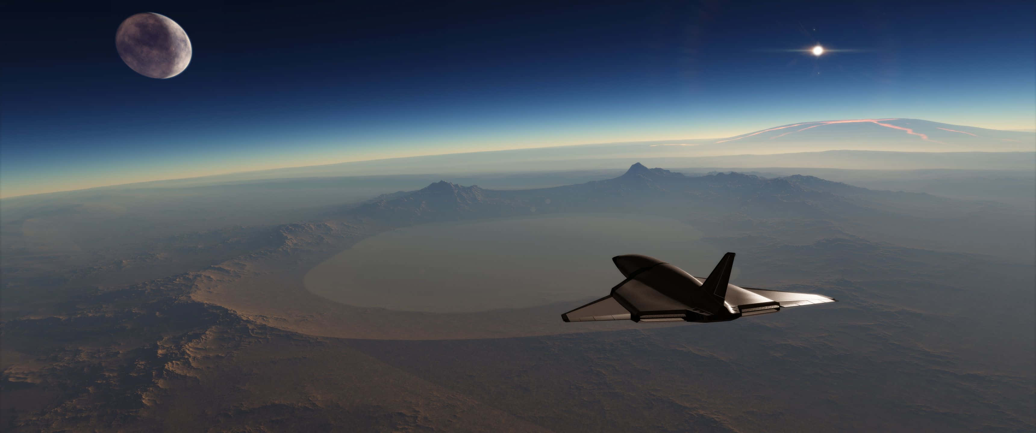 3440x1440 space, spaceship, desert canyon, 2K Desktop Wallpaper