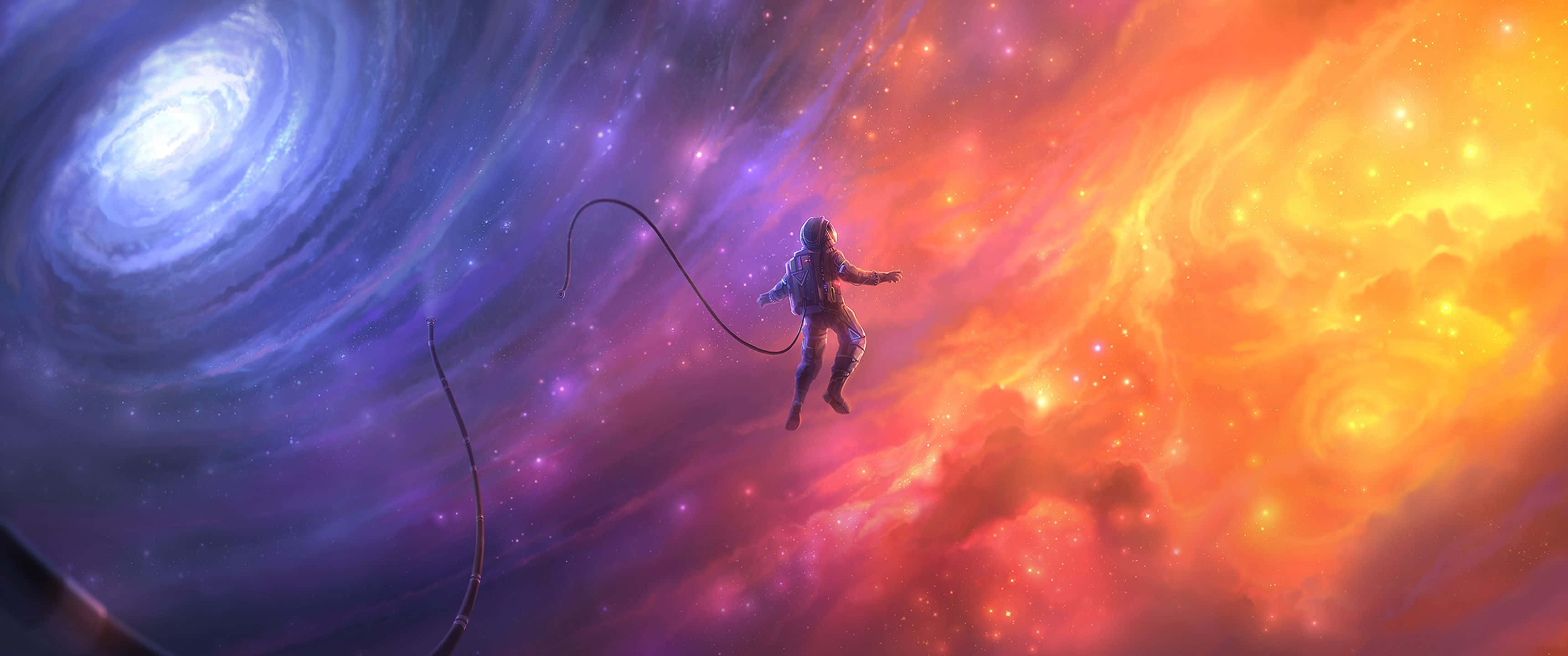 3440x1440 space, astronaut, swirling blue galaxy, 2K Desktop Wallpaper