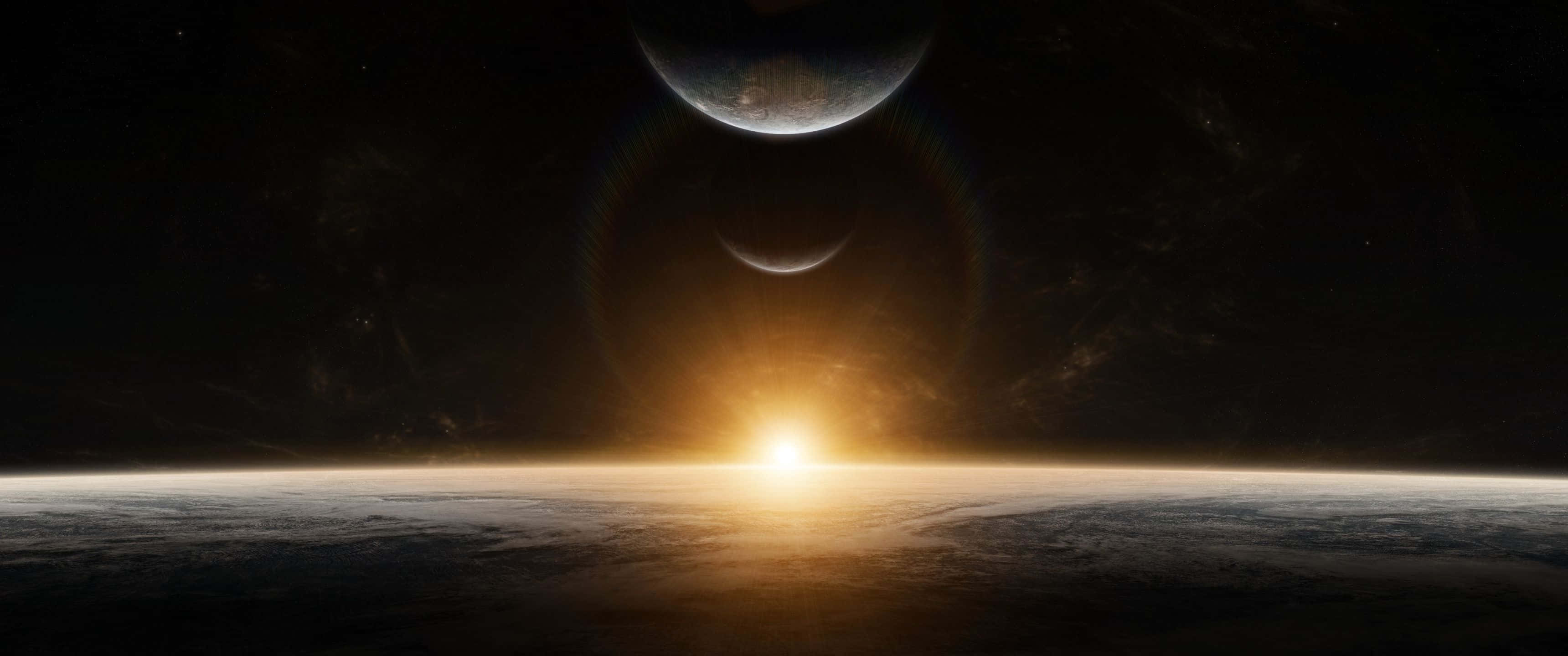 3440x1440 space, sunrise, distant planet, 2K Desktop Wallpaper
