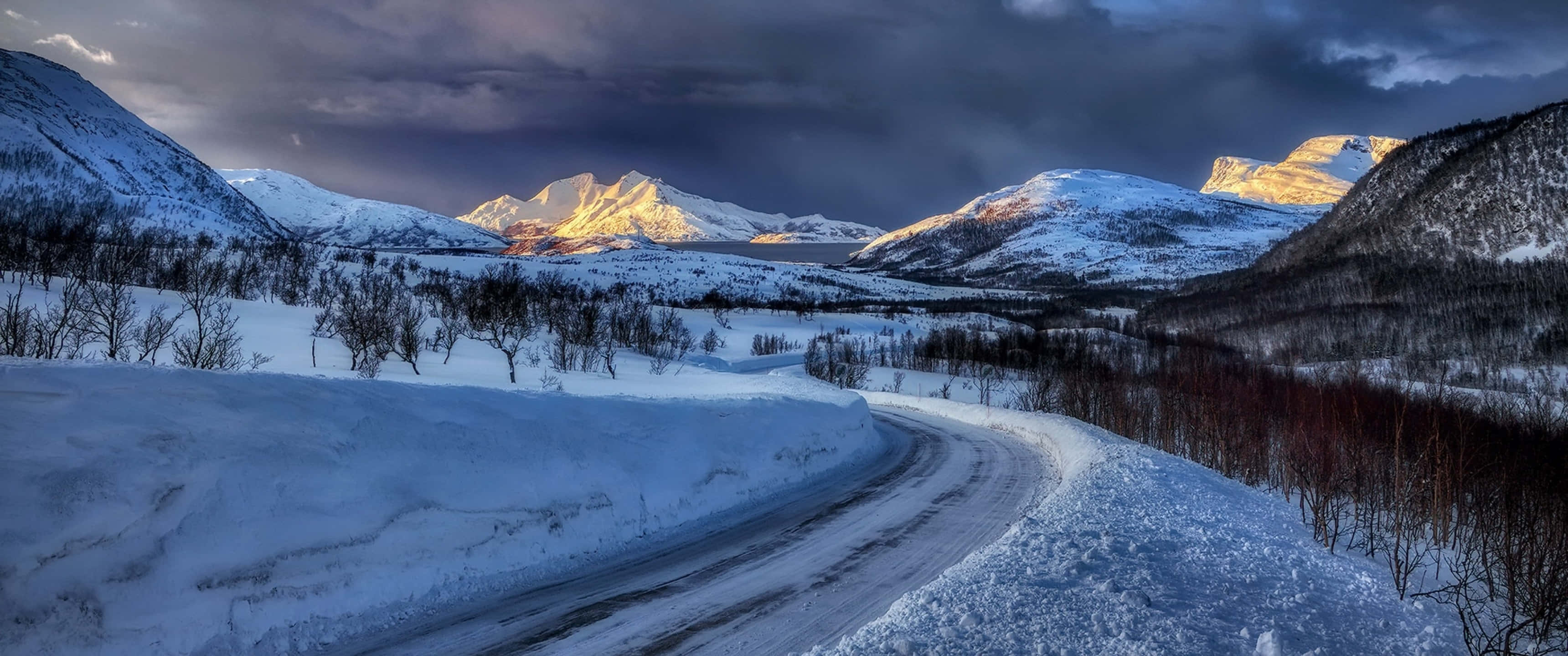 3440x1440, Winter, snowy road, 2K Desktop Wallpaper