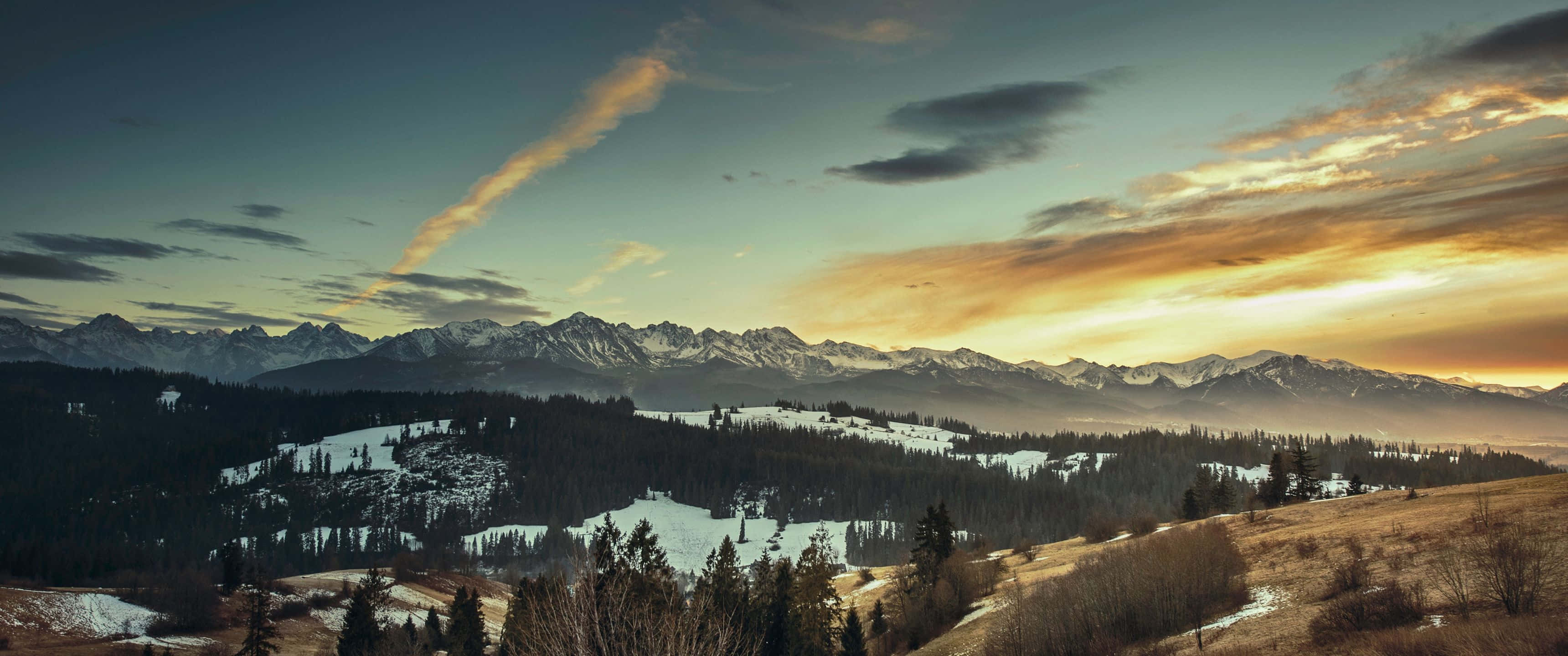 3440x1440, Winter, snow capped mountains, 2K Desktop Wallpaper