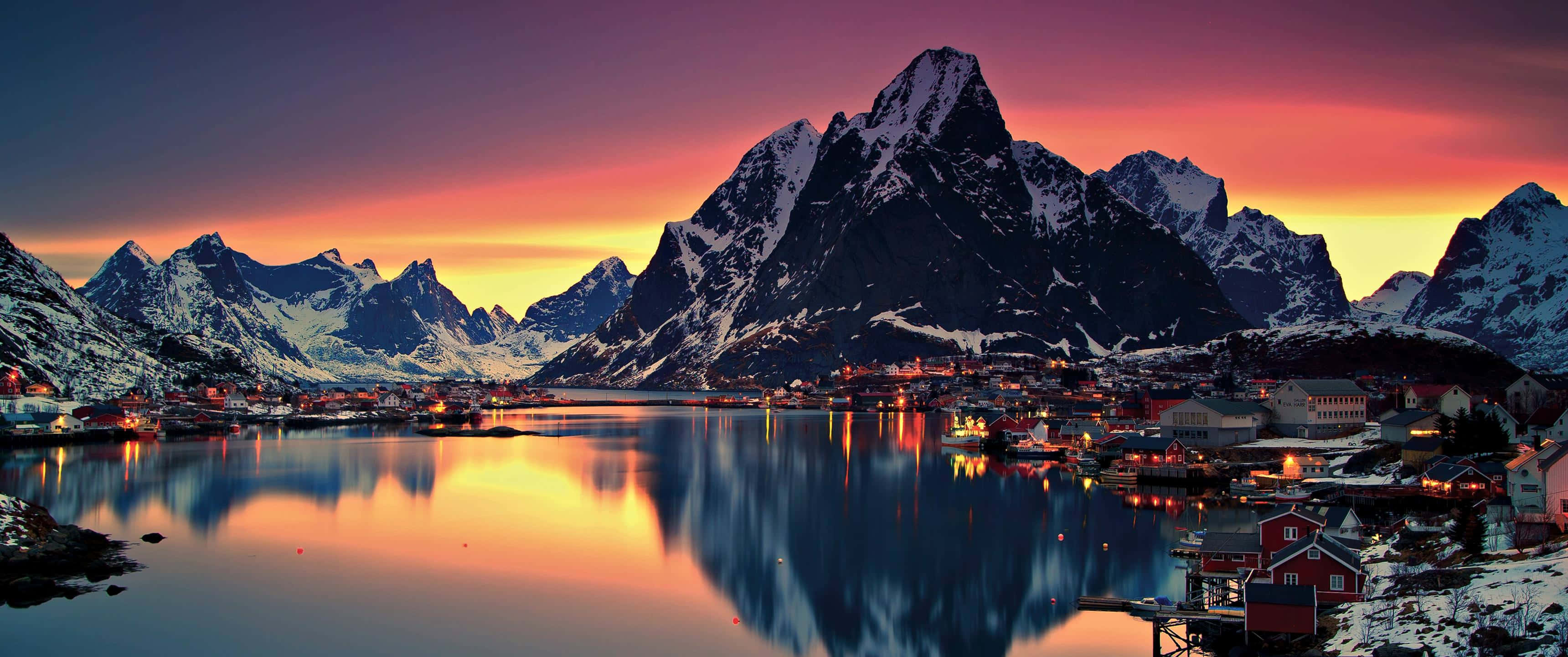 3440x1440 winter, snowy mountain village, sunset, 2K Desktop Wallpaper
