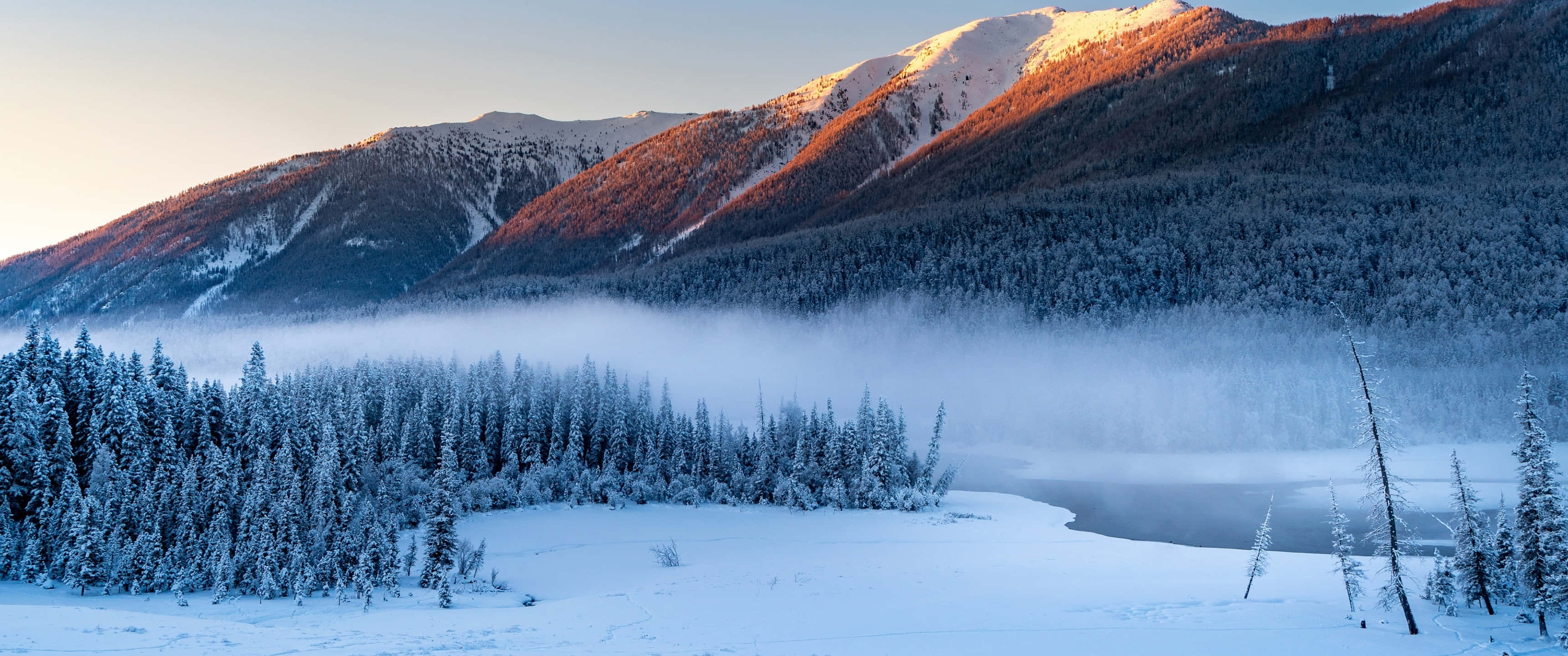snow-capped mountains, frozen lake, evergreen trees, 2K Desktop Wallpaper