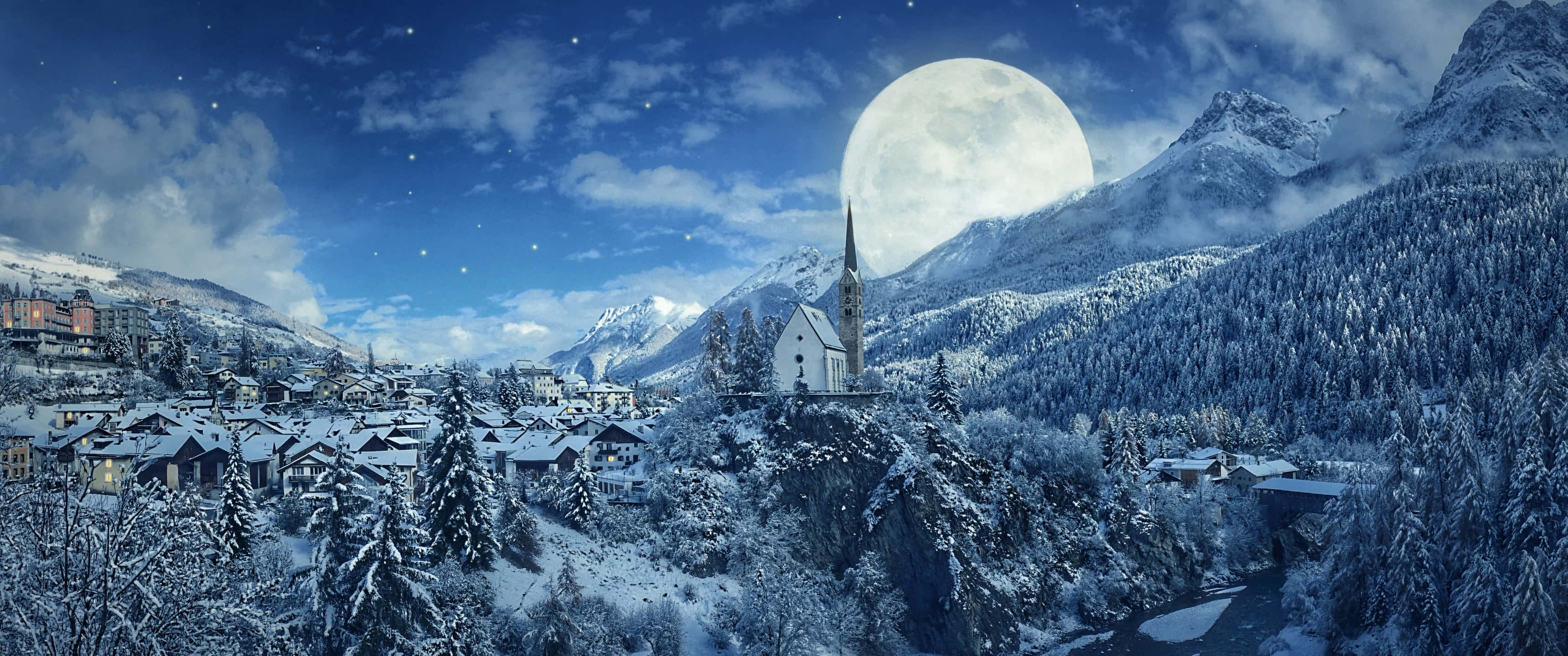 3440x1440, winter, giant moon, 2K Desktop Wallpaper