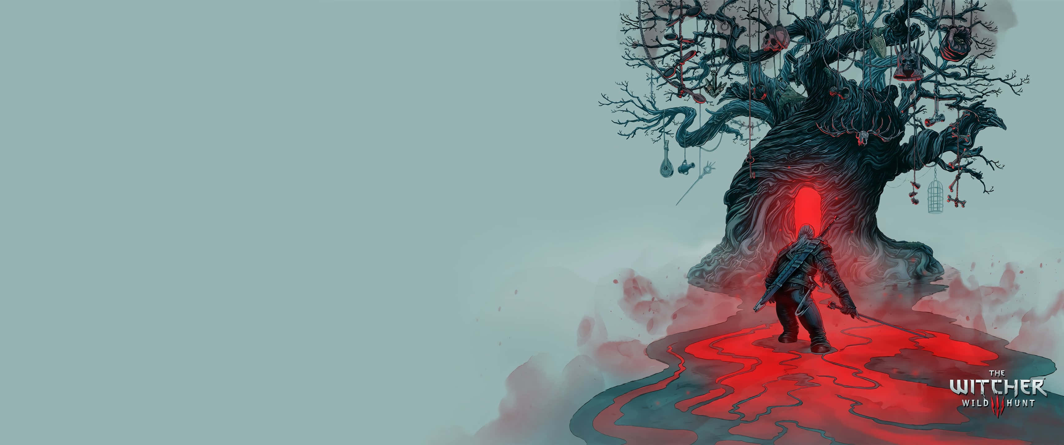3440x1440 Witcher, glowing red portal, massive gnarled tree, 2K Desktop Wallpaper
