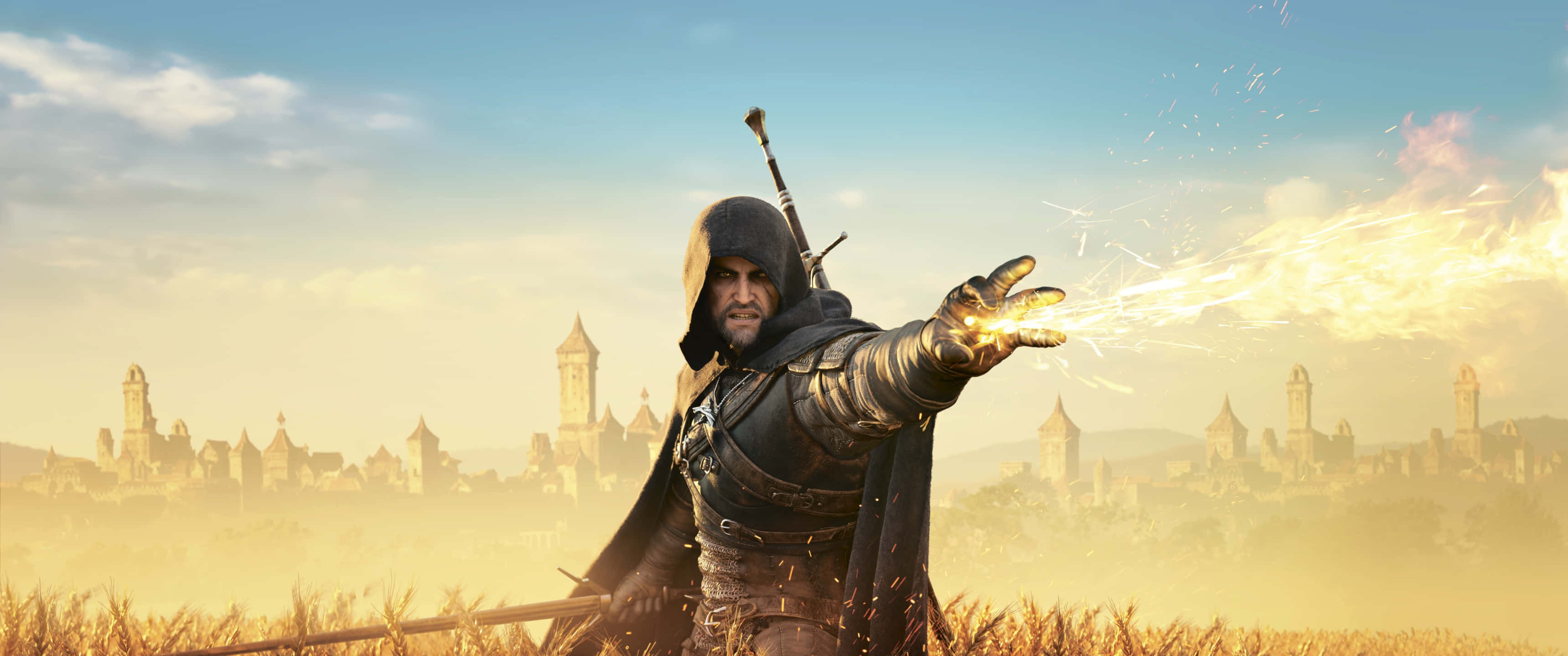 3440x1440 Witcher, hooded sorcerer, dark armor, 2K Desktop Wallpaper