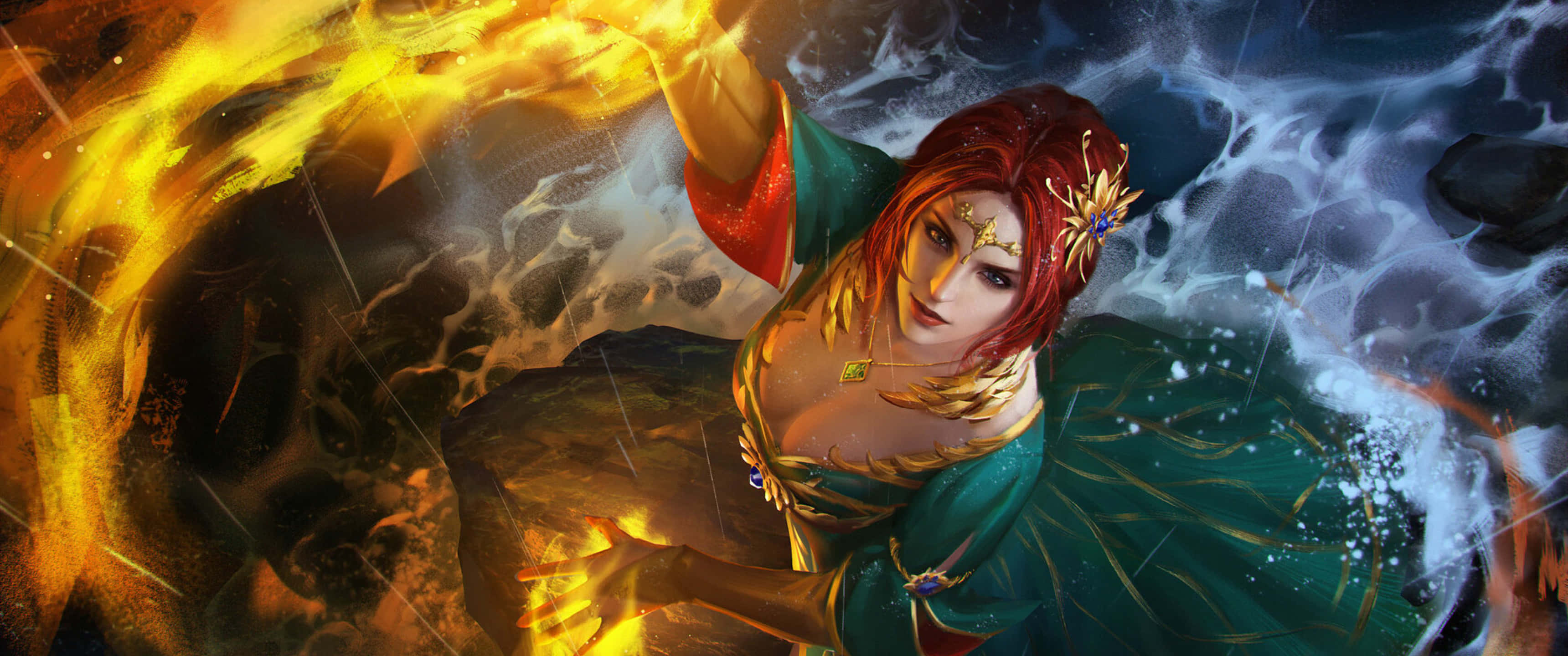 Witcher, fiery-haired sorceress, green robes, 2K Desktop Wallpaper