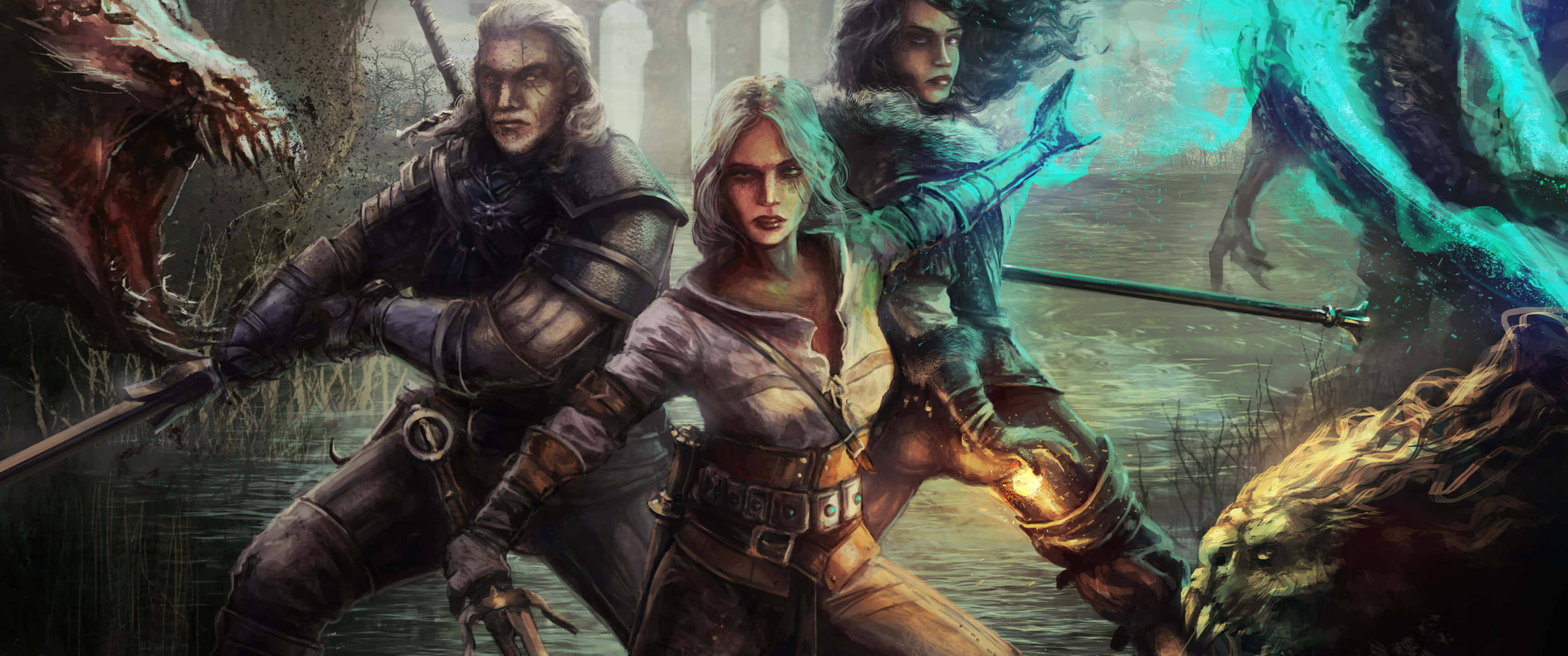 3440x1440, Witcher, fantasy warriors, 2K Desktop Wallpaper
