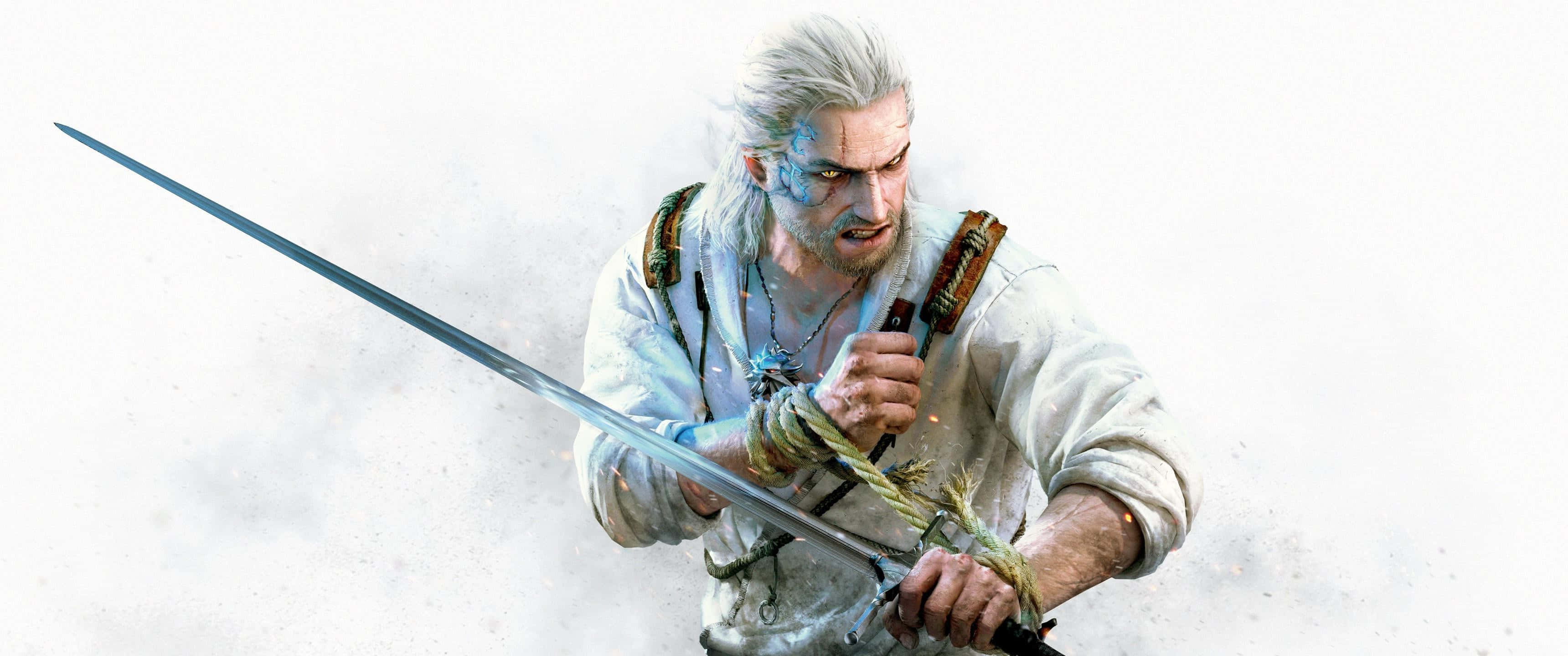 The Witcher, white-haired warrior, longsword, 2K Desktop Wallpaper