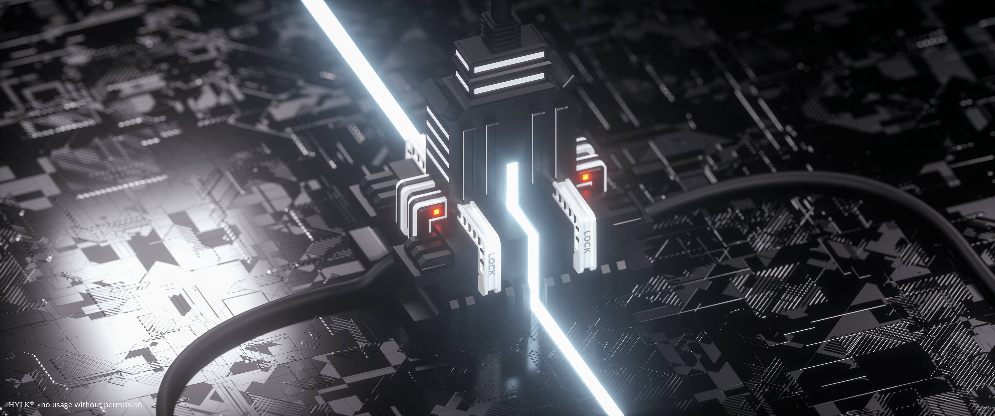 3440X1440, futuristic 3d-rendered circuit board, glowing white and red data cables, 2K Desktop Wallpaper