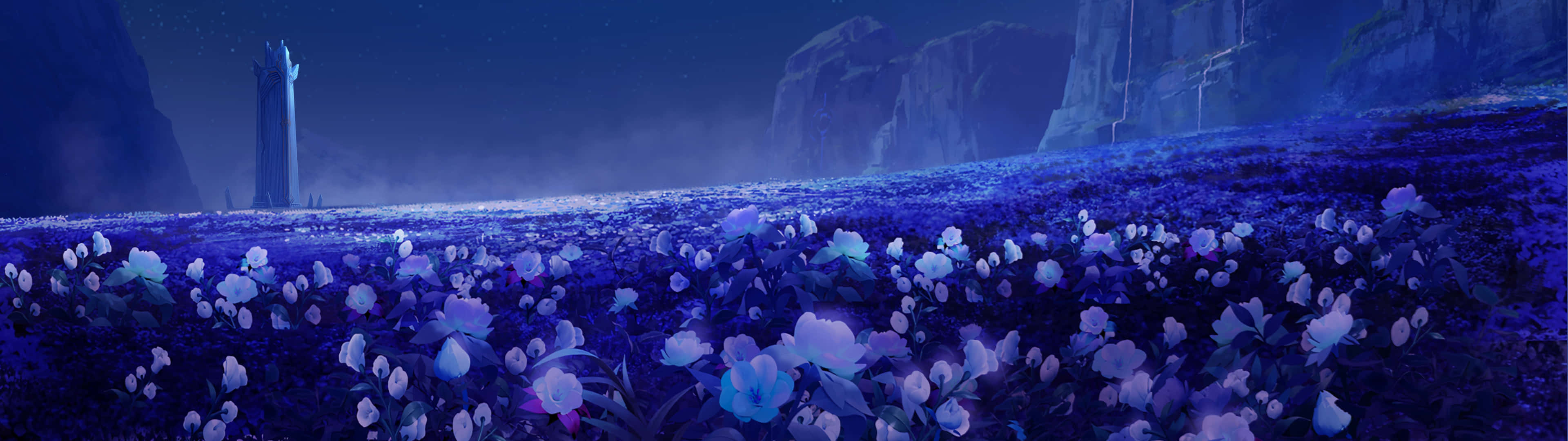 3840 x 1080 anime hd, glowing blue and white flowers, starry night sky, 4K Desktop Wallpaper