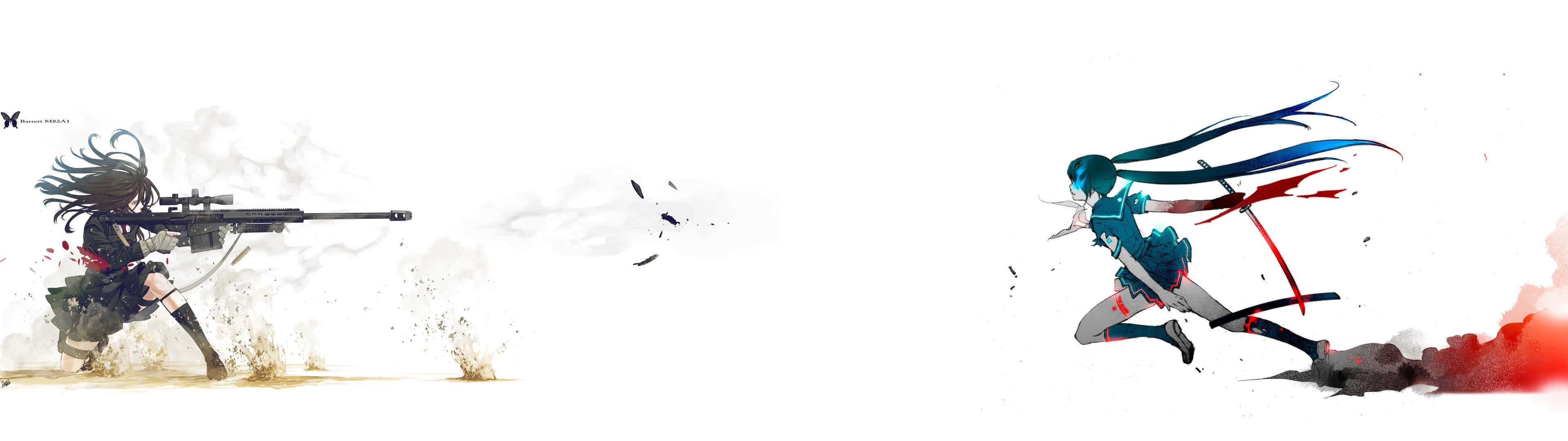 3840 X 1080 Anime HD, anime-style female warriors, rifles, 4K Desktop Wallpaper