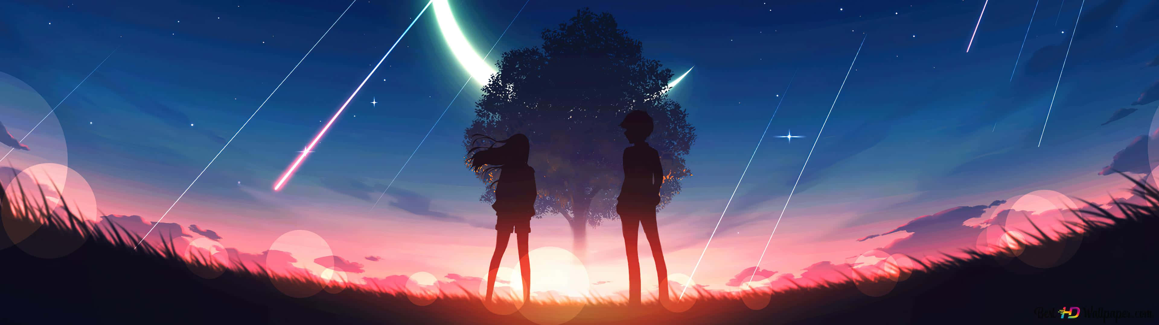 3840 X 1080 Anime HD, twilight sky, shooting stars, 4K Desktop Wallpaper