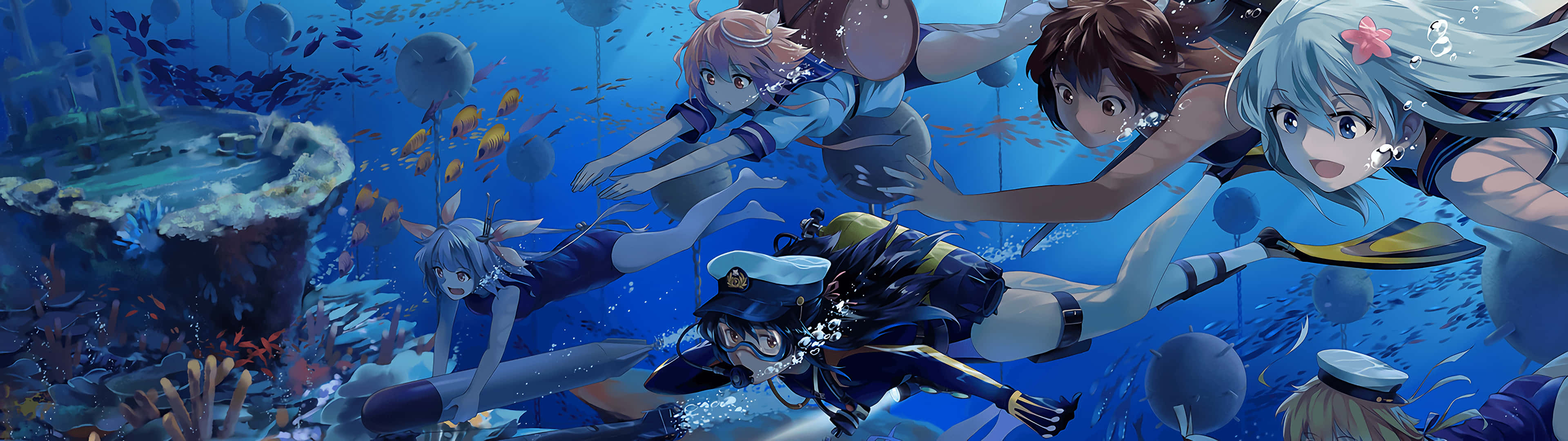 3840 x 1080 anime hd, anime girls, diving gear, 4K Desktop Wallpaper