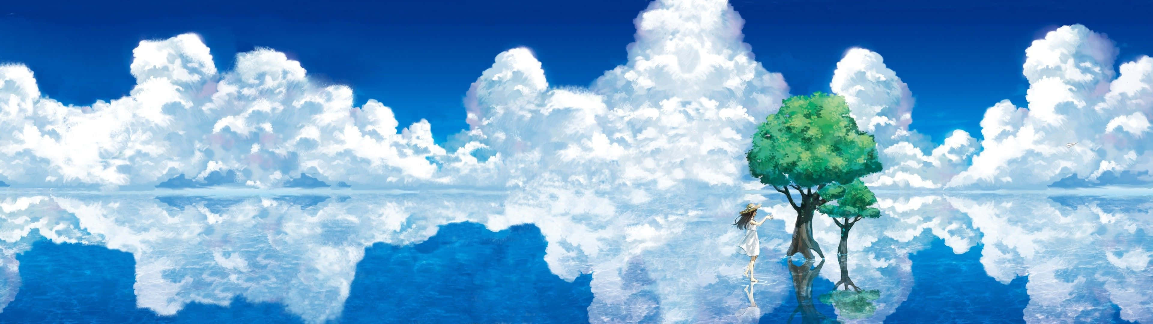 3840 x 1080 anime hd, tree, water, 4K Desktop Wallpaper