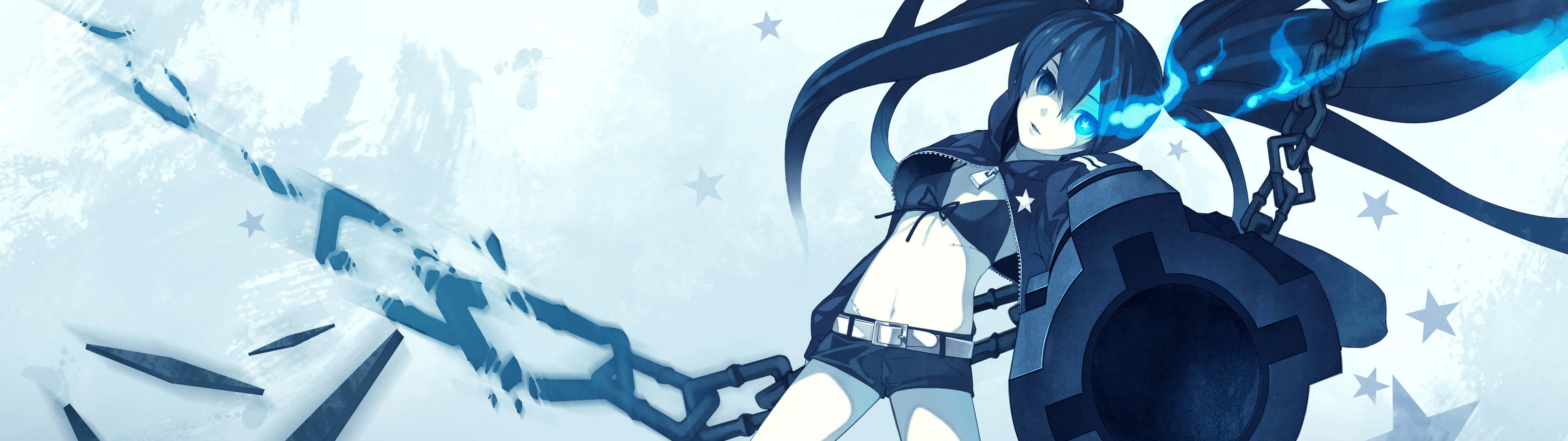 Anime girl, glowing blue eyes, flowing black hair, 4K Desktop Wallpaper