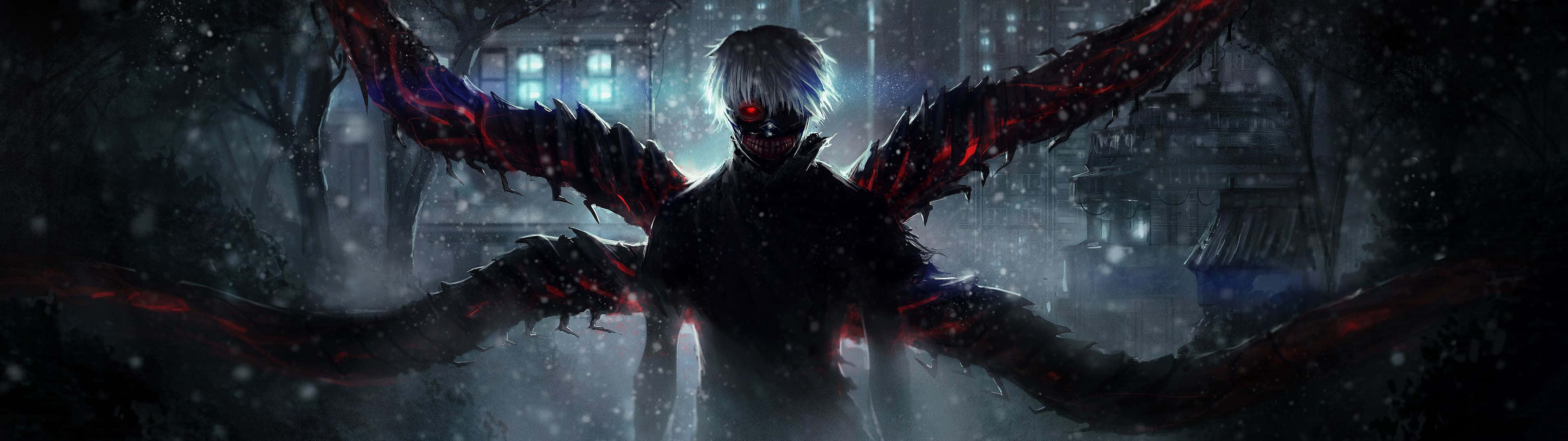 3840 x 1080, dark anime character, glowing red eyes, 4K Desktop Wallpaper