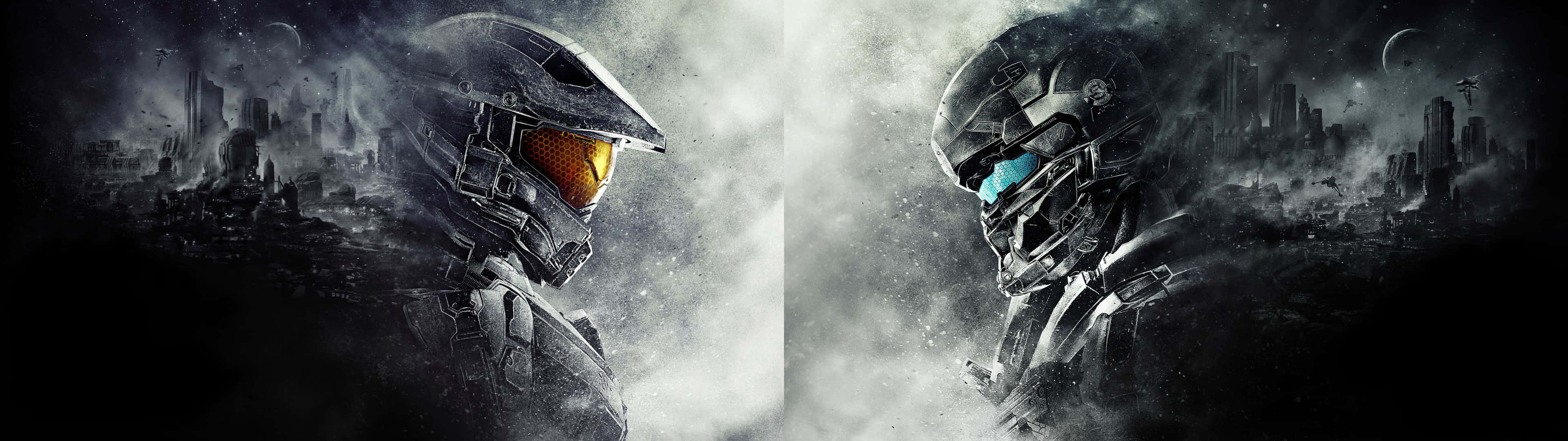 3840 X 1080, futuristic helmets, smoky ruined cityscape, 4K Desktop Wallpaper