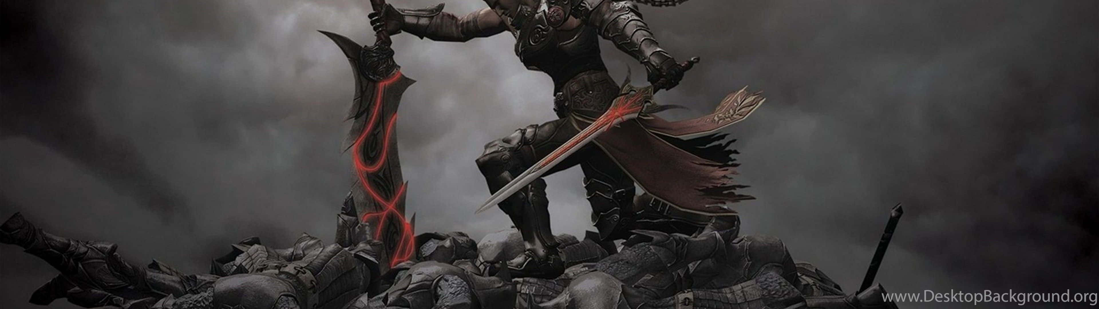 3840 X 1080 Gaming, dark-armored warrior, glowing red sword, 4K Desktop Wallpaper