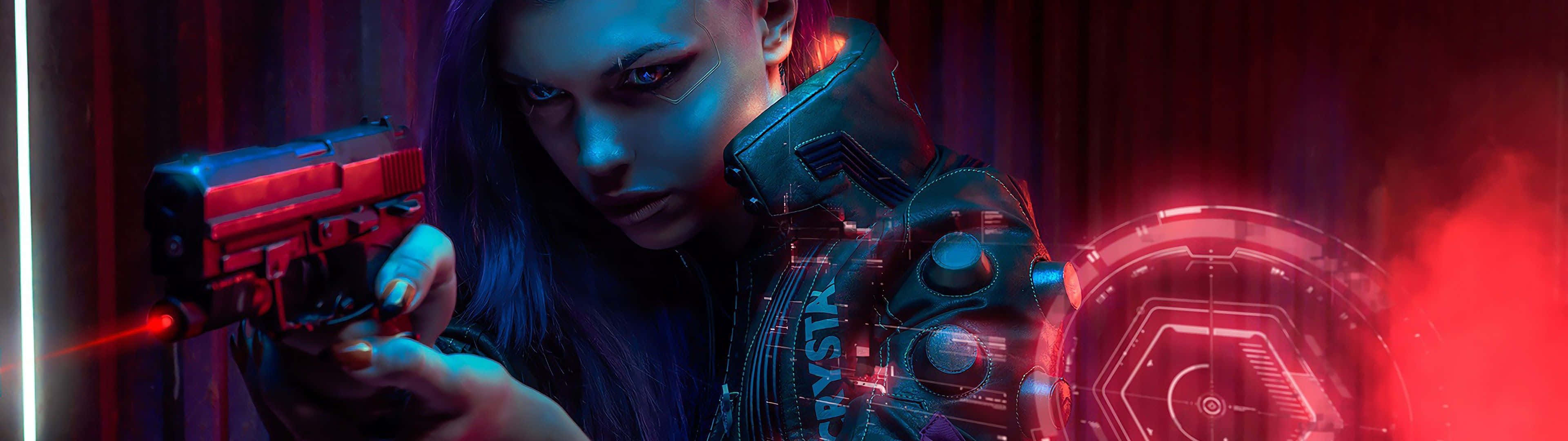 3840 X 1080 Gaming, cyberpunk woman, glowing blue eyes, 4K Desktop Wallpaper