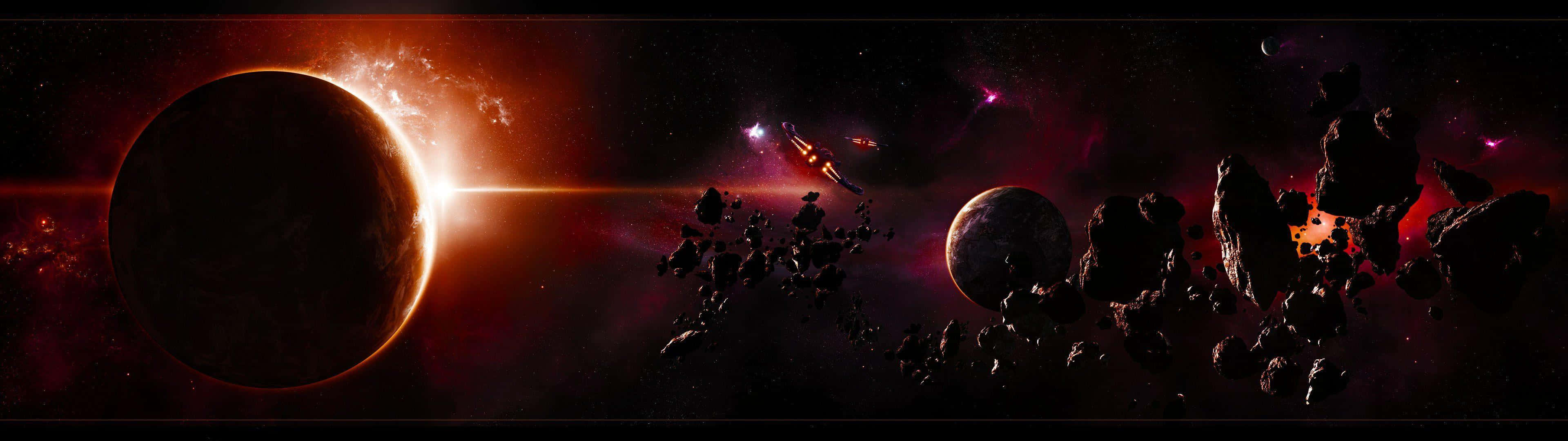 3840 X 1080 Gaming, fiery asteroid field, glowing planet, 4K Desktop Wallpaper