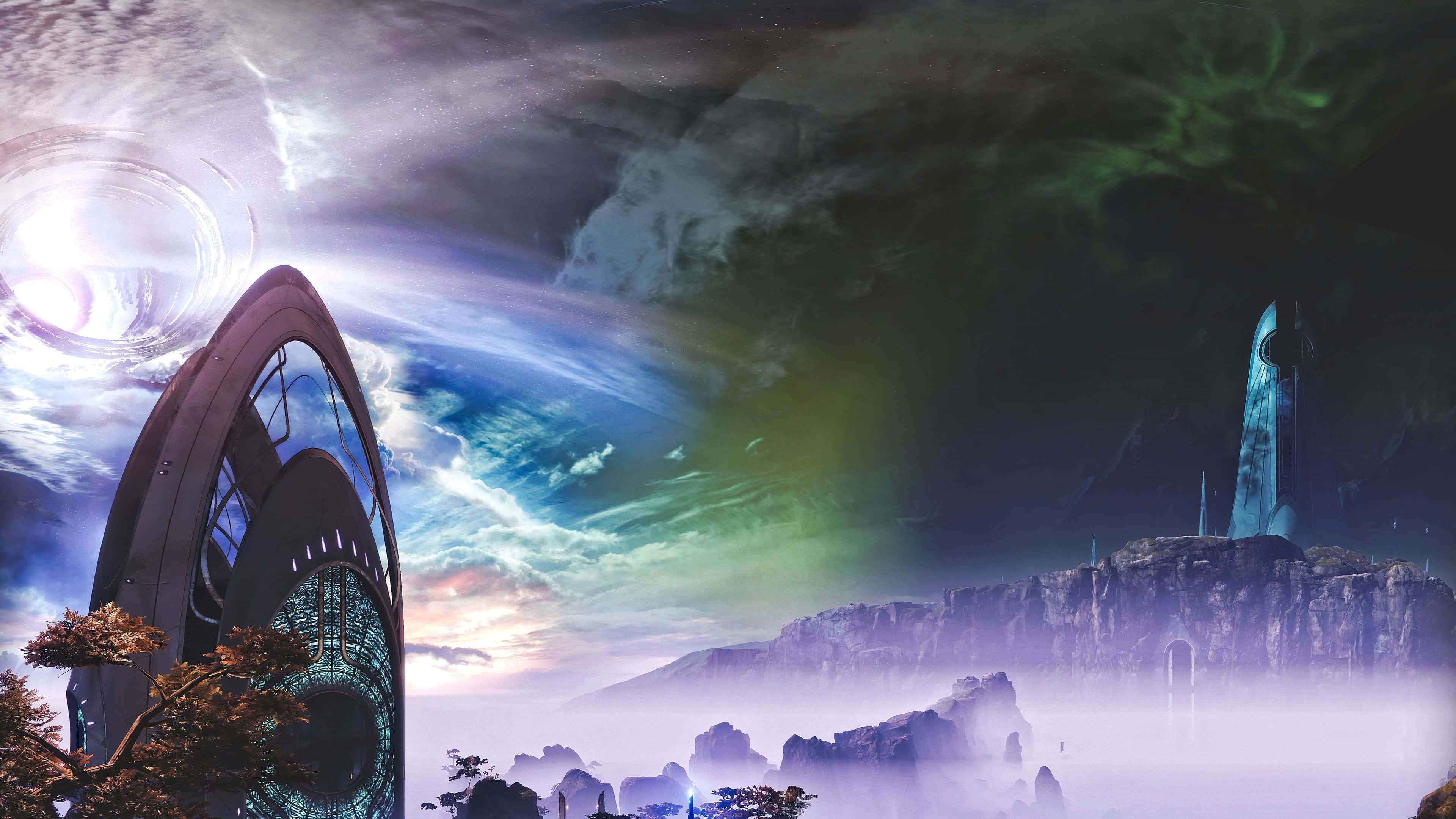 Destiny 2, futuristic sci-fi landscape, glowing alien architecture, 4K Desktop Wallpaper