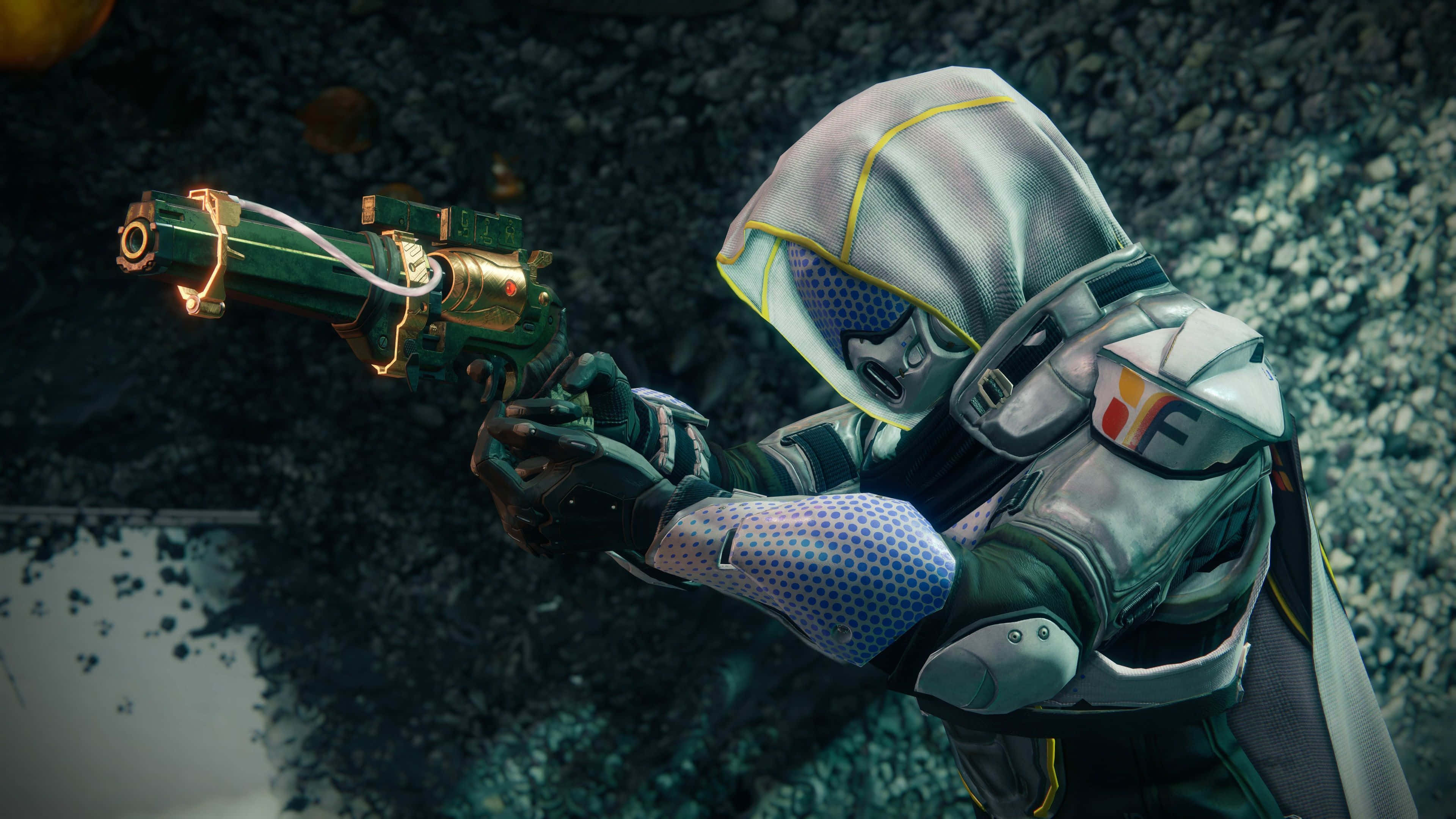 Destiny 2, hooded armored figure, glowing green and gold pistol, 4K Desktop Wallpaper