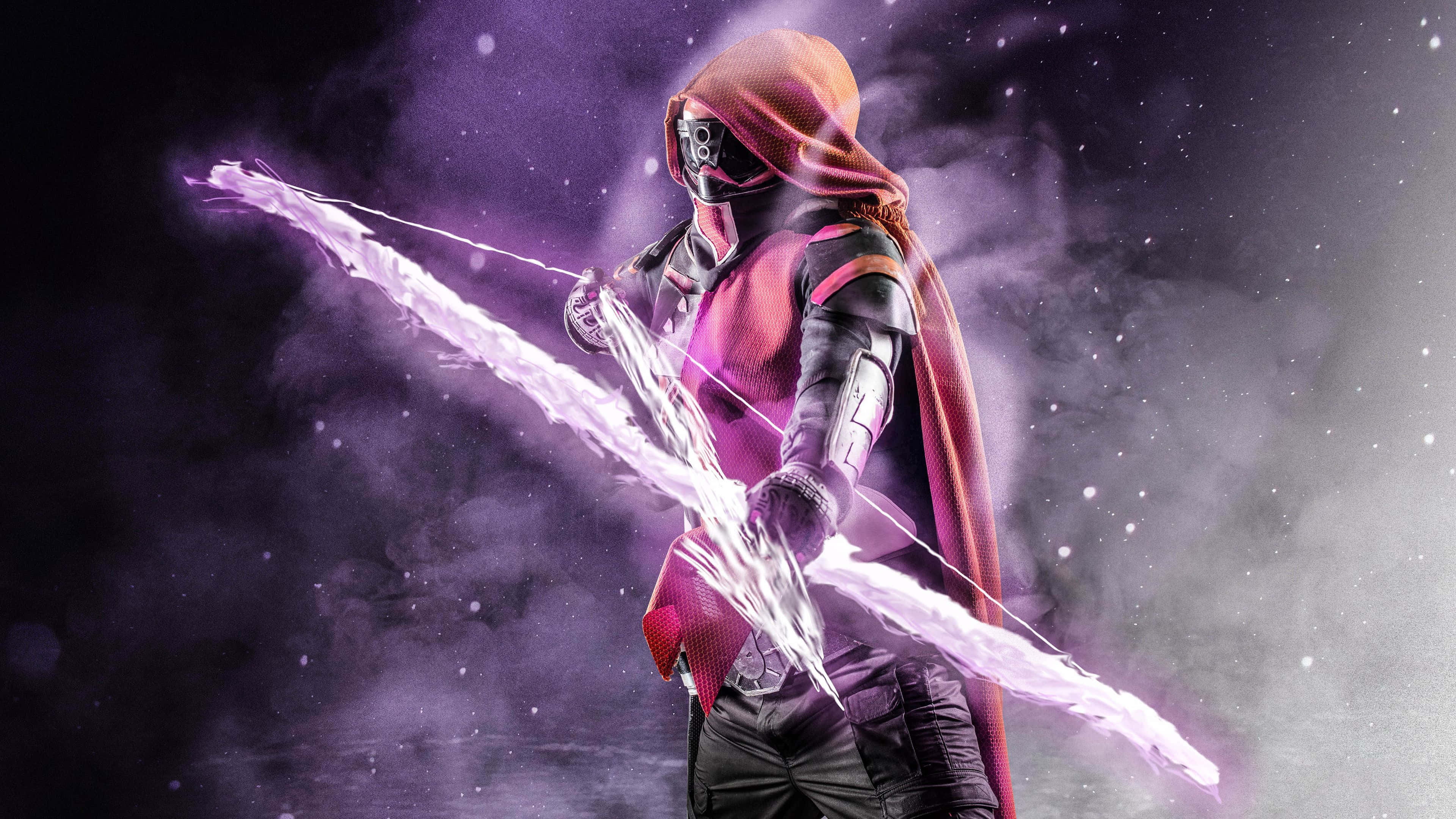 Destiny 2, red cloak, glowing purple energy arrows, 4K Desktop Wallpaper
