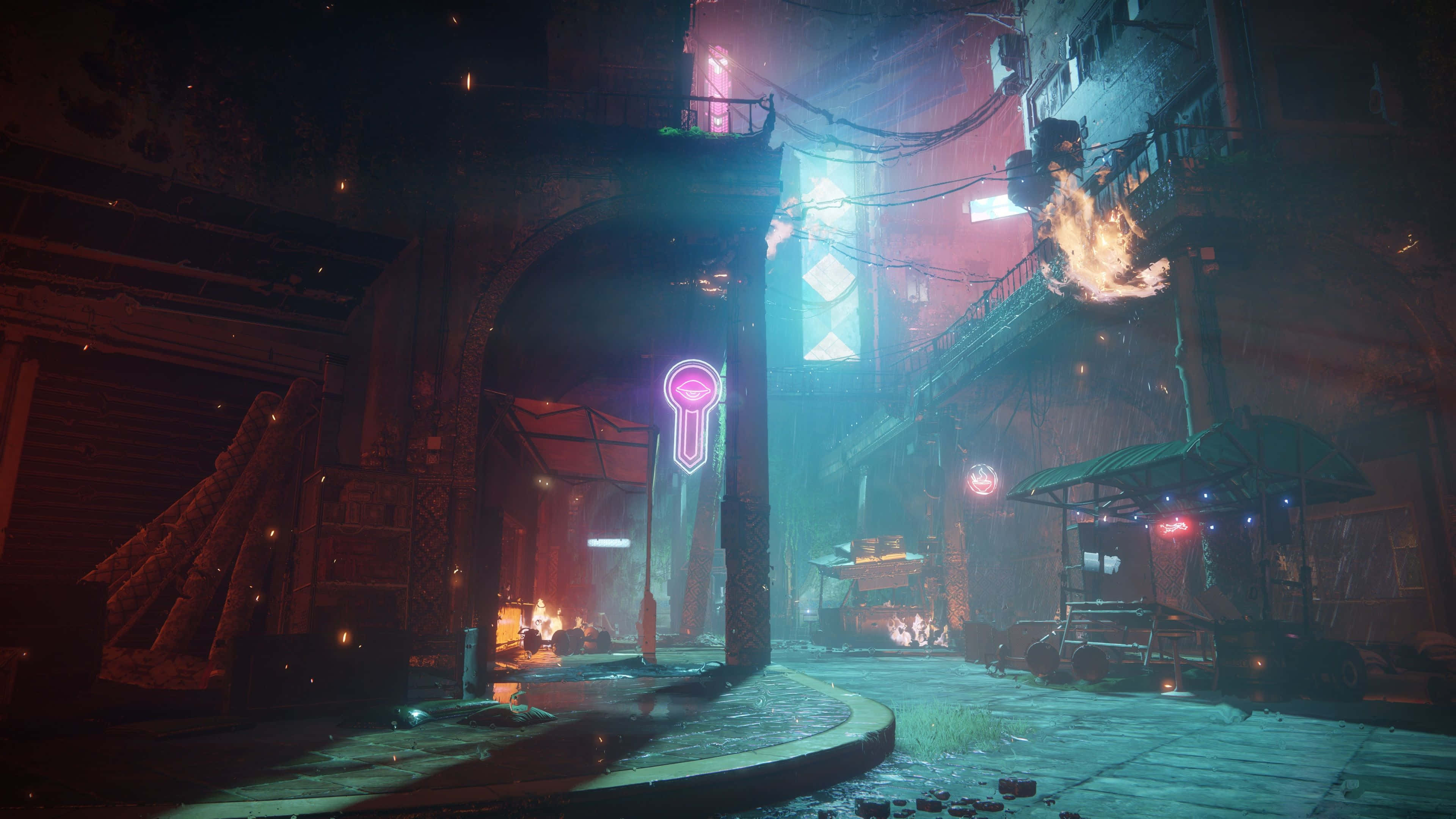Destiny 2, neon-lit alleyway, dystopian city, 4K Desktop Wallpaper