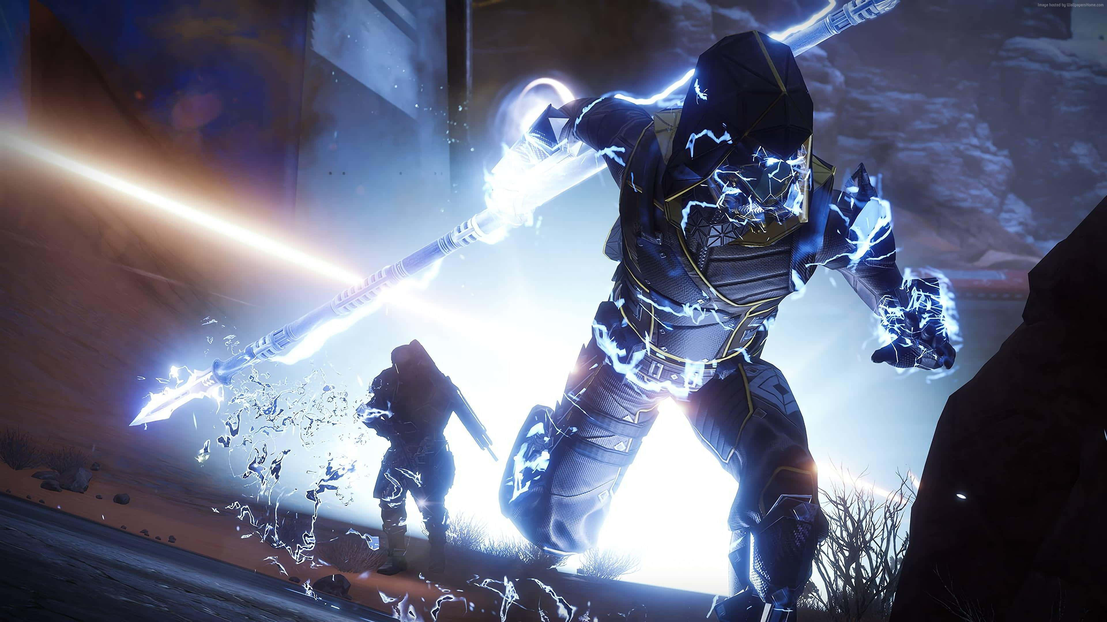 Destiny 2, glowing armored warrior, lightning-infused spear, 4K Desktop Wallpaper